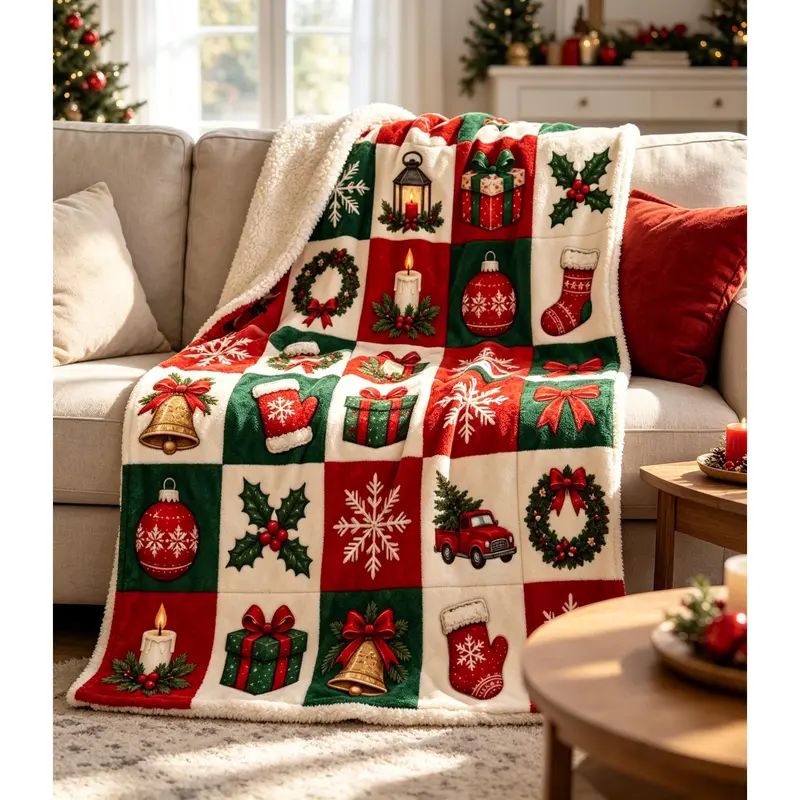 Christmas Minky Throw Blanket - Patchwork Print with Festive Icons, Cozy Together Winter Gift, Festive Home Decor