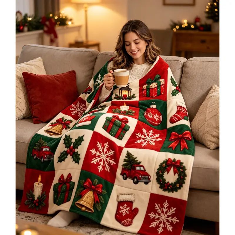 Christmas Minky Throw Blanket - Patchwork Print with Festive Icons, Cozy Together Winter Gift, Festive Home Decor