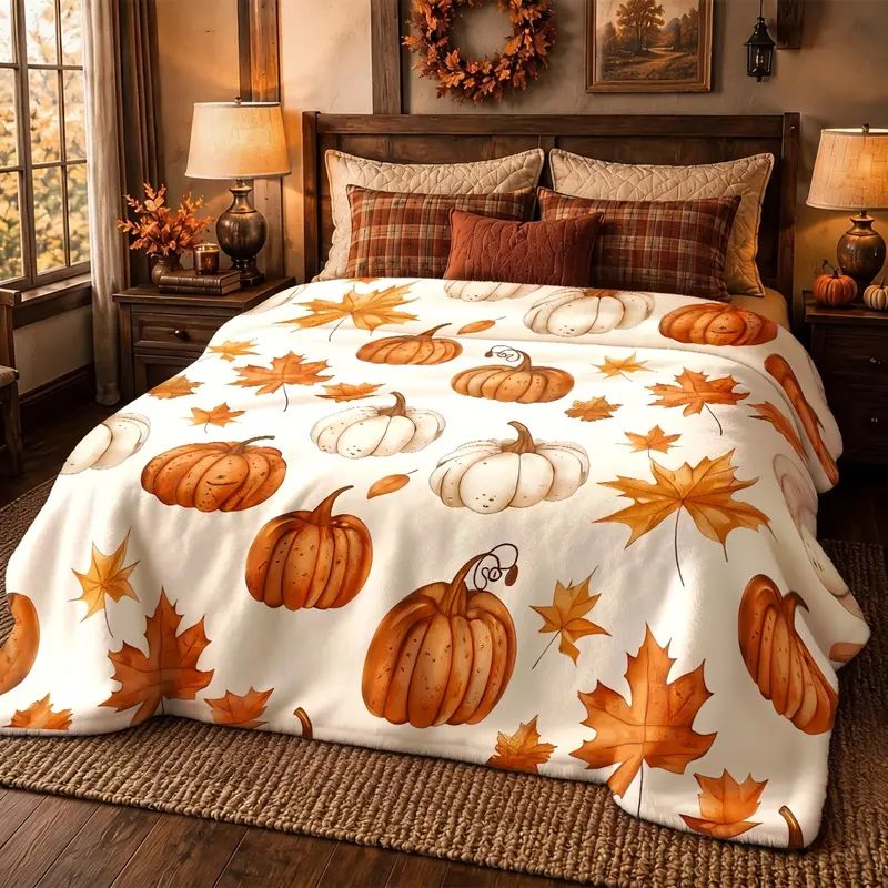 Watercolor Fall Pumpkin & Maple Leaf Flannel Blanket, Perfect Holiday Gift for Family, Farmhouse Bedroom Sofa Couch Decor