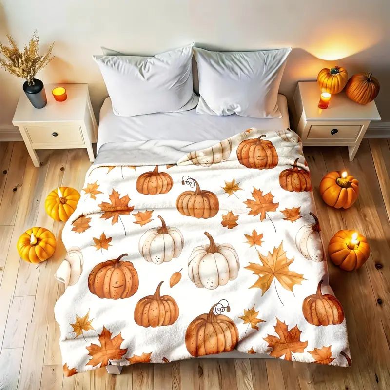Watercolor Fall Pumpkin & Maple Leaf Flannel Blanket, Perfect Holiday Gift for Family, Farmhouse Bedroom Sofa Couch Decor
