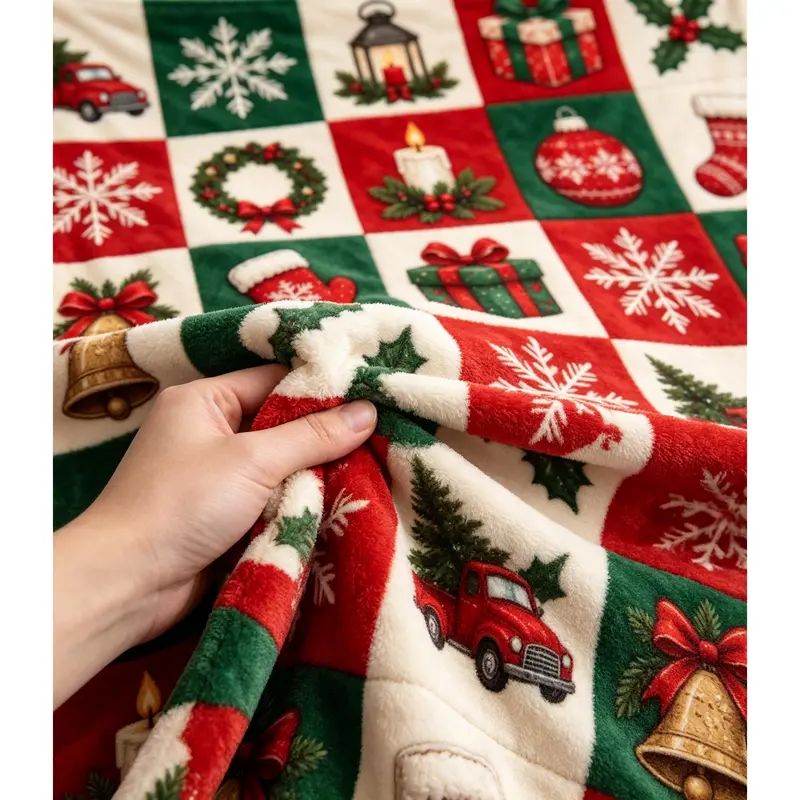 Christmas Minky Throw Blanket - Patchwork Print with Festive Icons, Cozy Together Winter Gift, Festive Home Decor