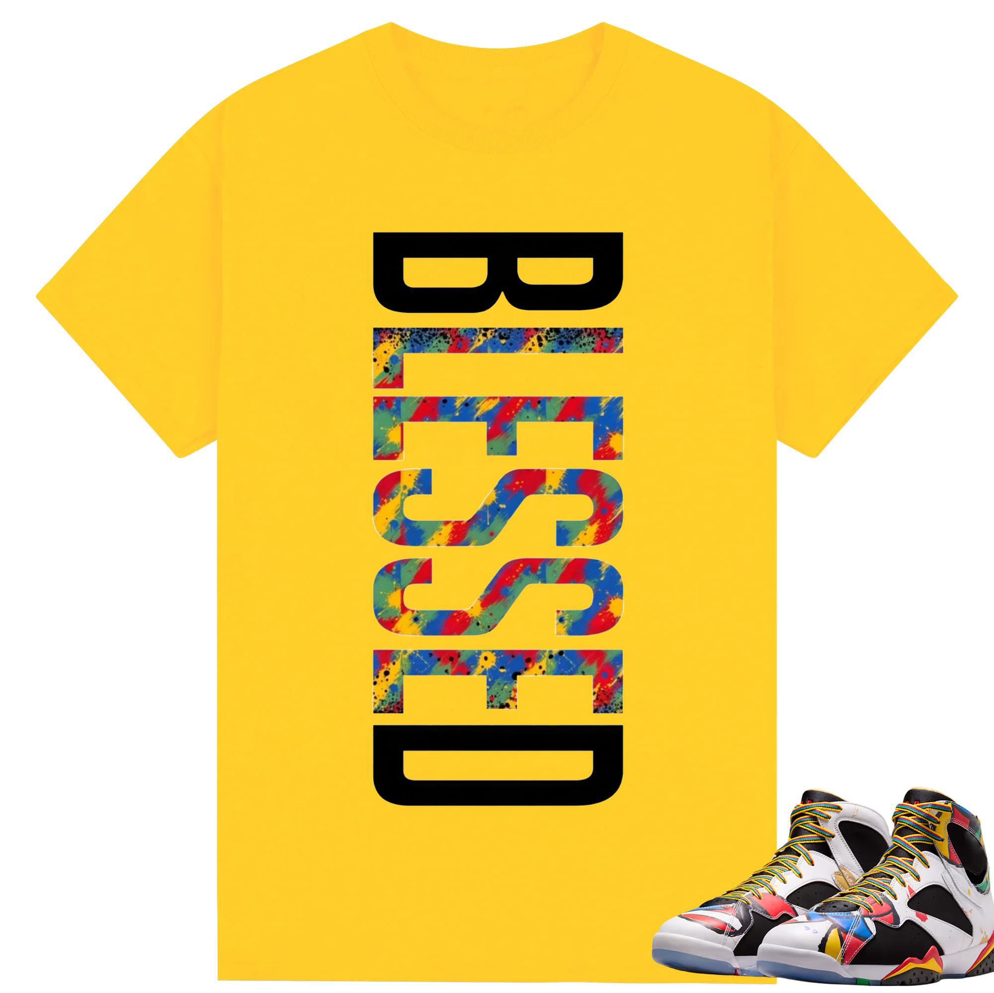 BLESSED Shirt to Match Retro 7 Miro, RETRO 7 Miro White Multi-Color Varsity Royal Sneaker Match Tee