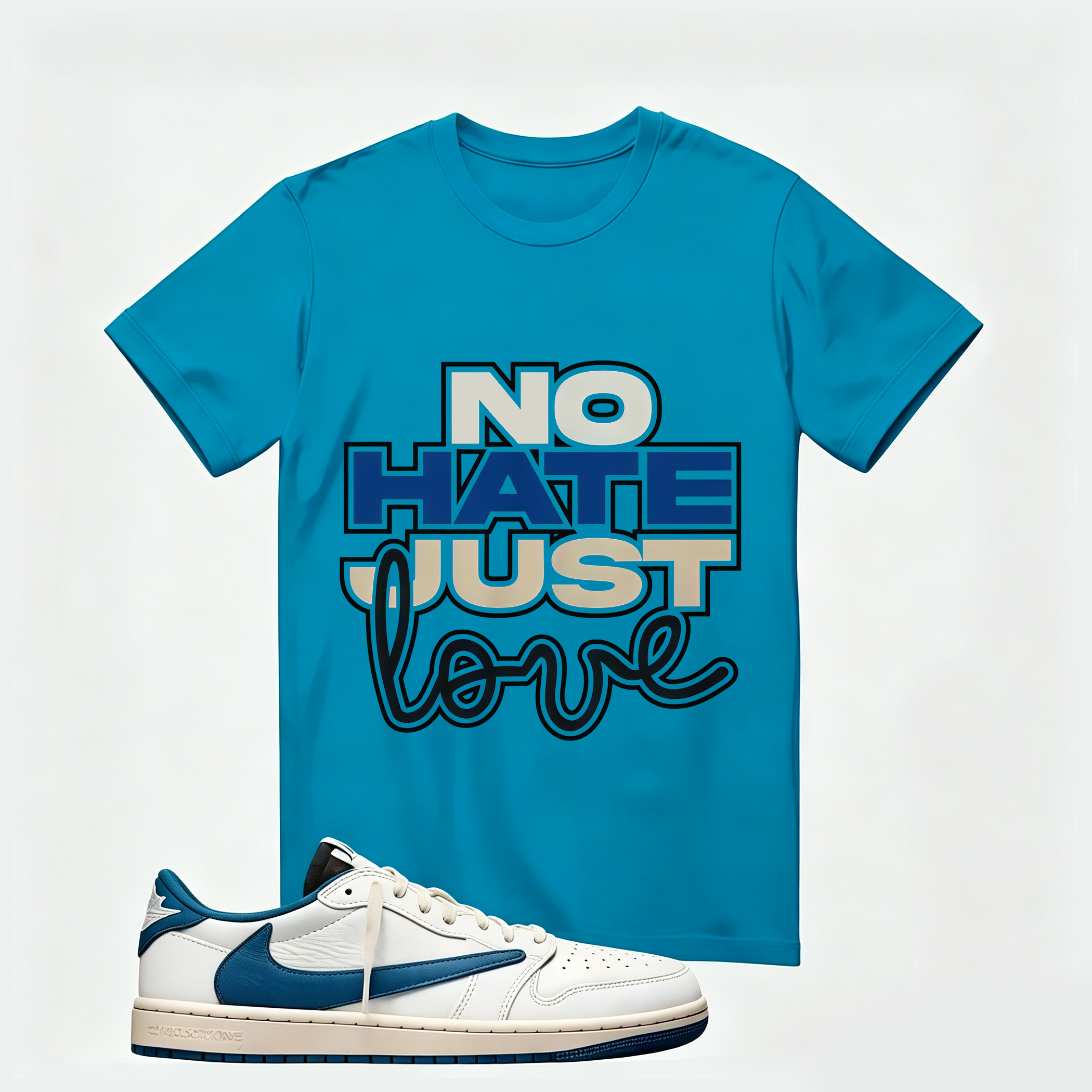 Air Jordan 1 Low OG SP x Fragment Design x Travis Scott Sail Military Blue , T-Shirt (No Hate Just Love)