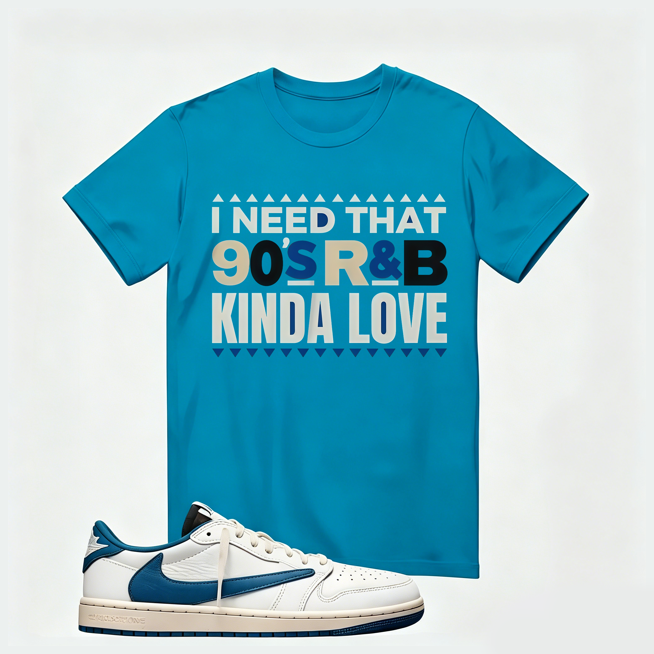 Air Jordan 1 Low OG SP x Fragment Design x Travis Scott Sail Military Blue , T-Shirt (I Need That 90s R&B Kinda Love)