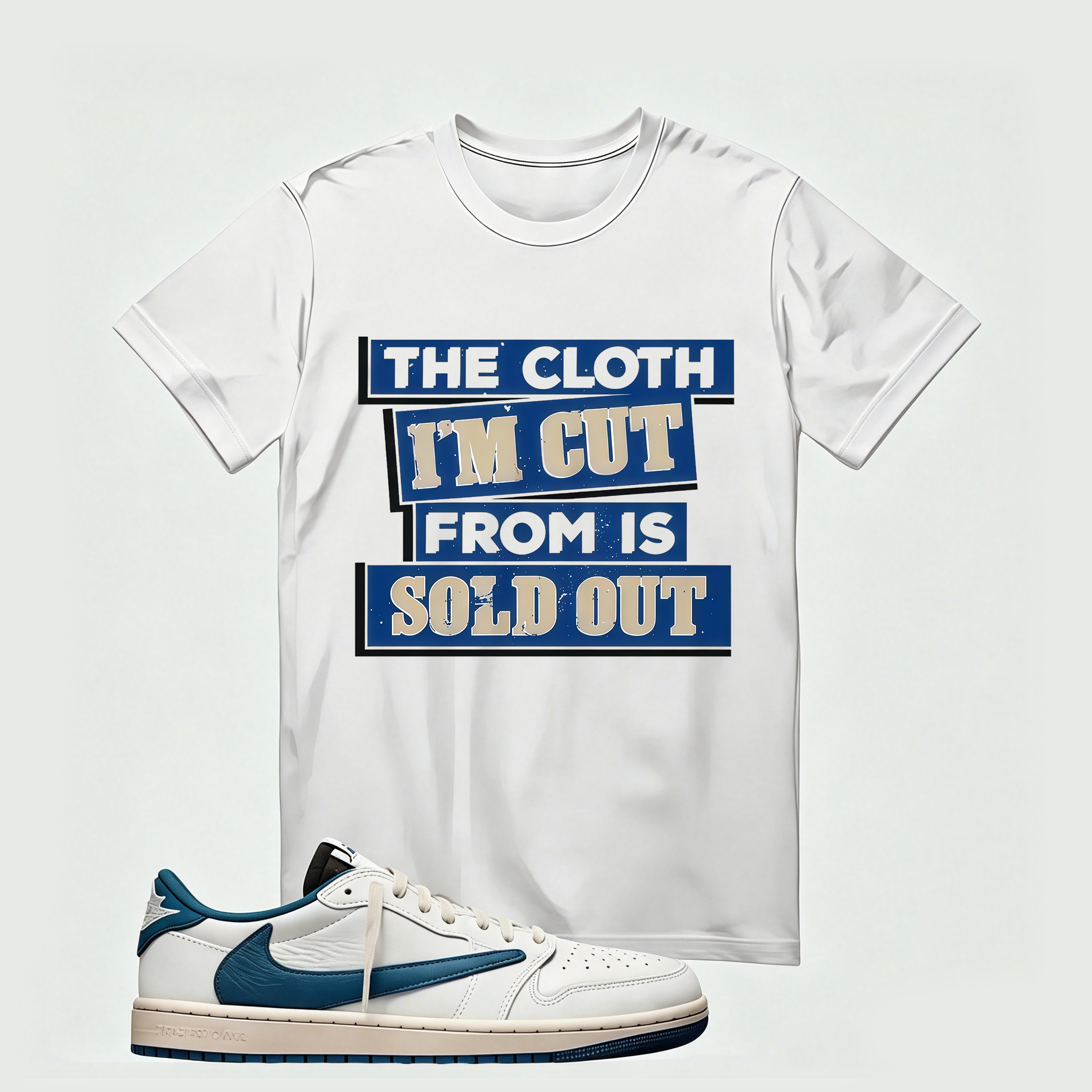 Air Jordan 1 Low OG SP x Fragment Design x Travis Scott Sail Military Blue , T-Shirt (The Cloth I'm Cut From Refreshed)