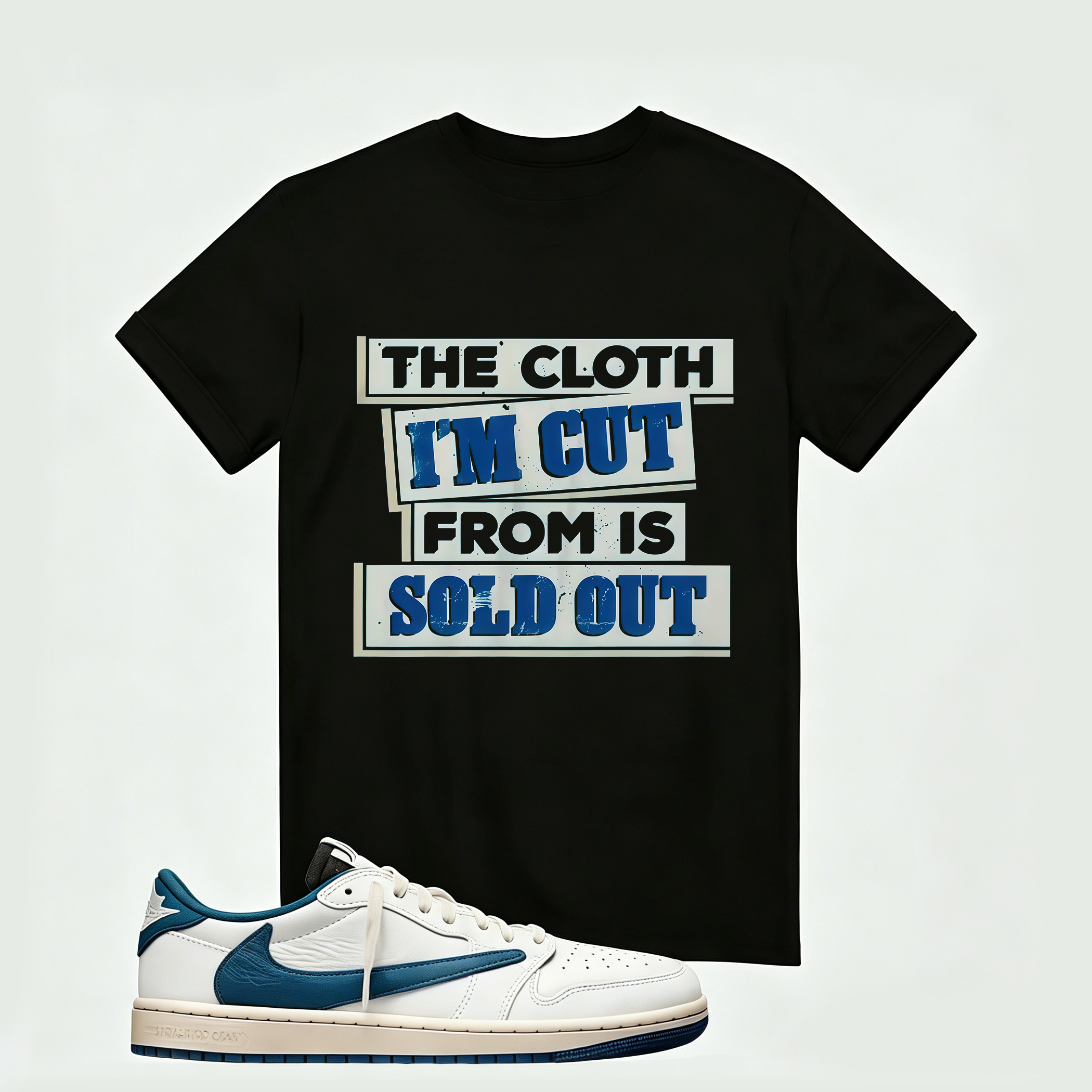 Air Jordan 1 Low OG SP x Fragment Design x Travis Scott Sail Military Blue , T-Shirt (The Cloth I'm Cut From Refreshed)