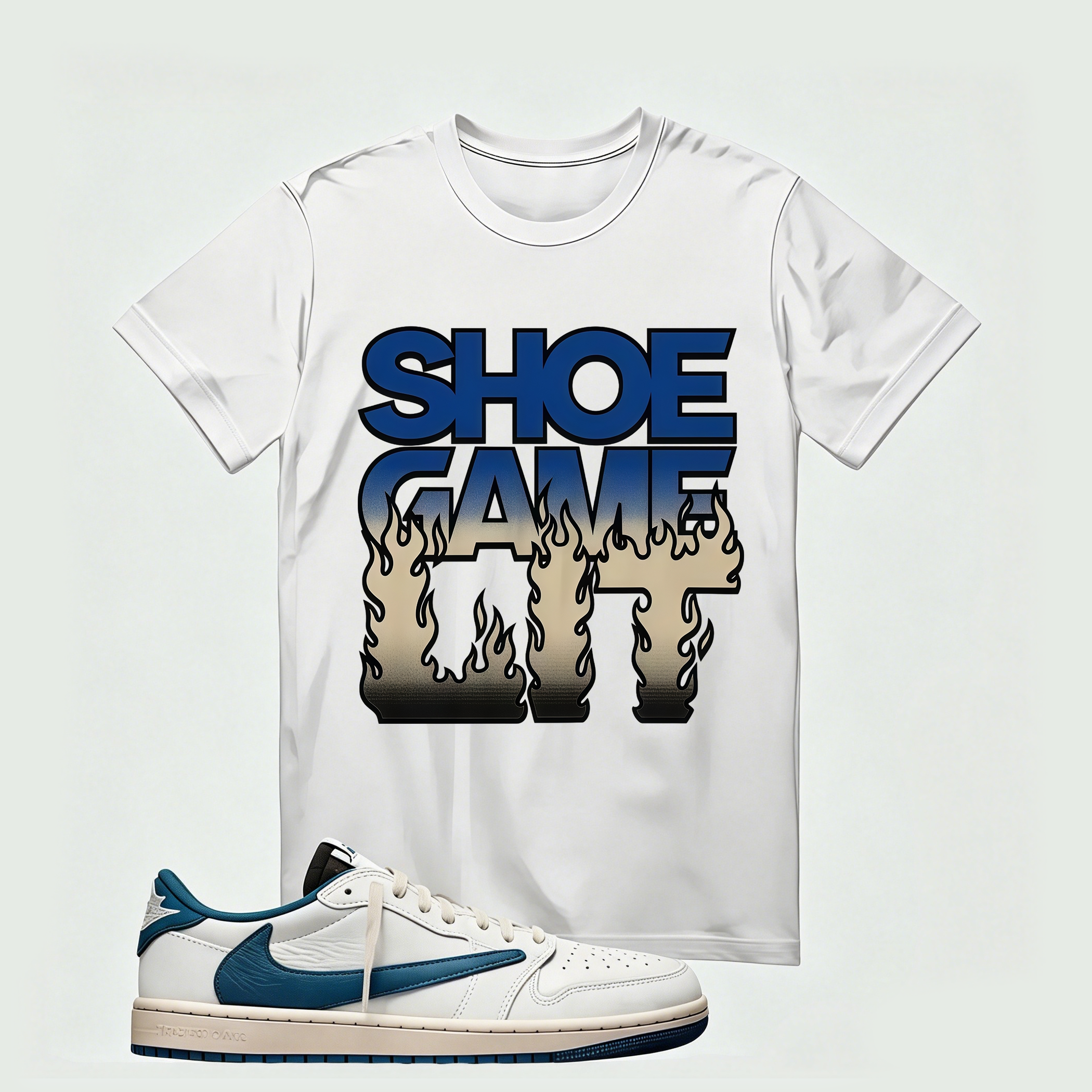 Air Jordan 1 Low OG SP x Fragment Design x Travis Scott Sail Military Blue , T-Shirt (Shoe Game Lit Refreshed)