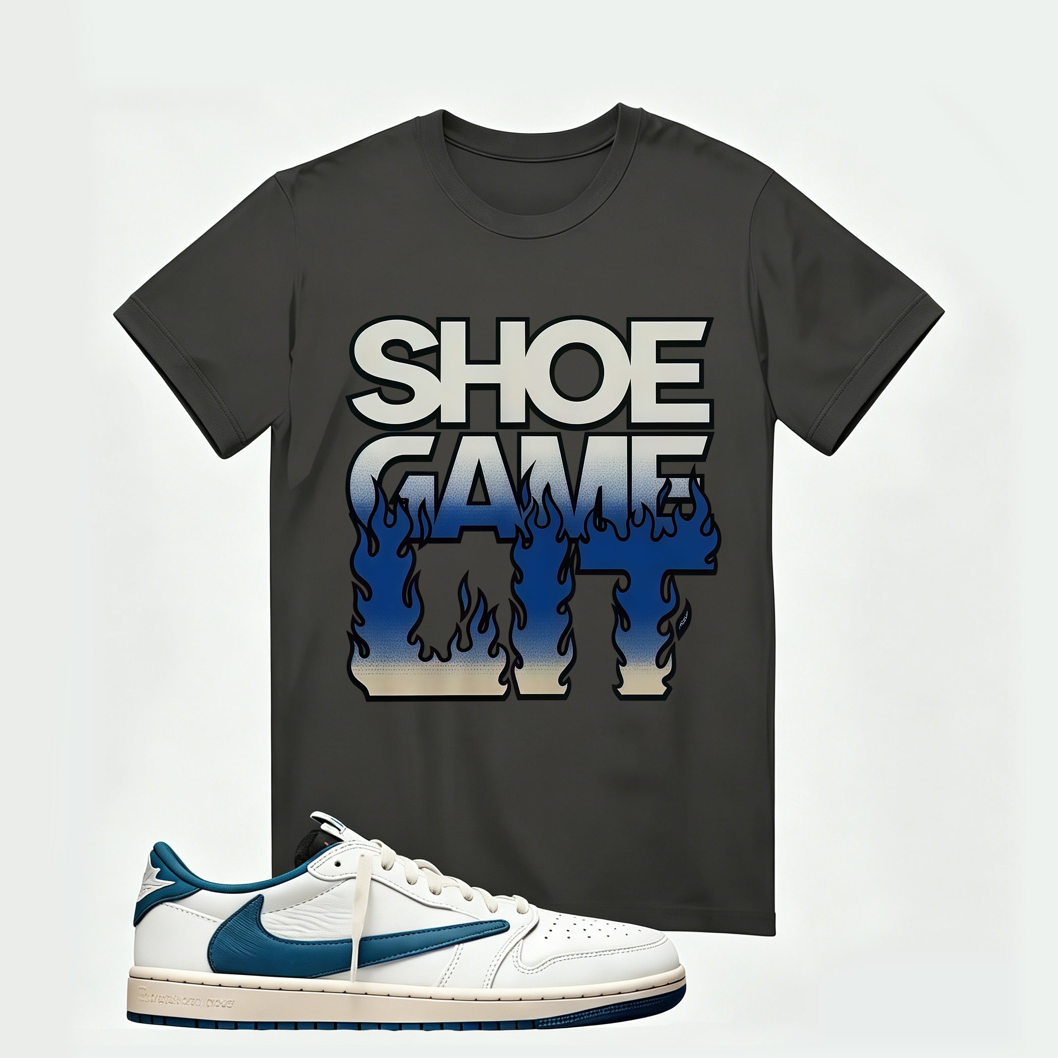 Air Jordan 1 Low OG SP x Fragment Design x Travis Scott Sail Military Blue , T-Shirt (Shoe Game Lit Refreshed)