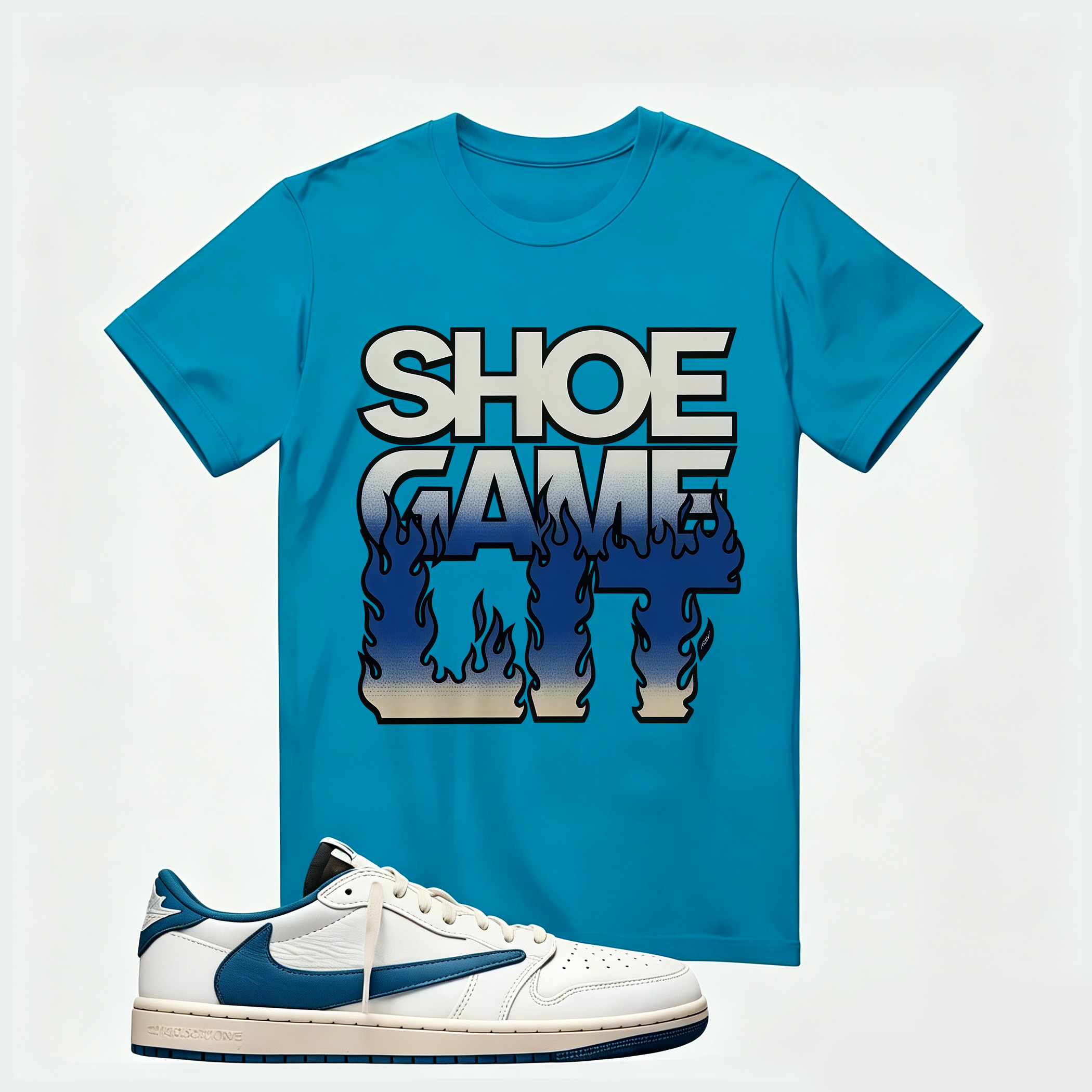 Air Jordan 1 Low OG SP x Fragment Design x Travis Scott Sail Military Blue , T-Shirt (Shoe Game Lit Refreshed)