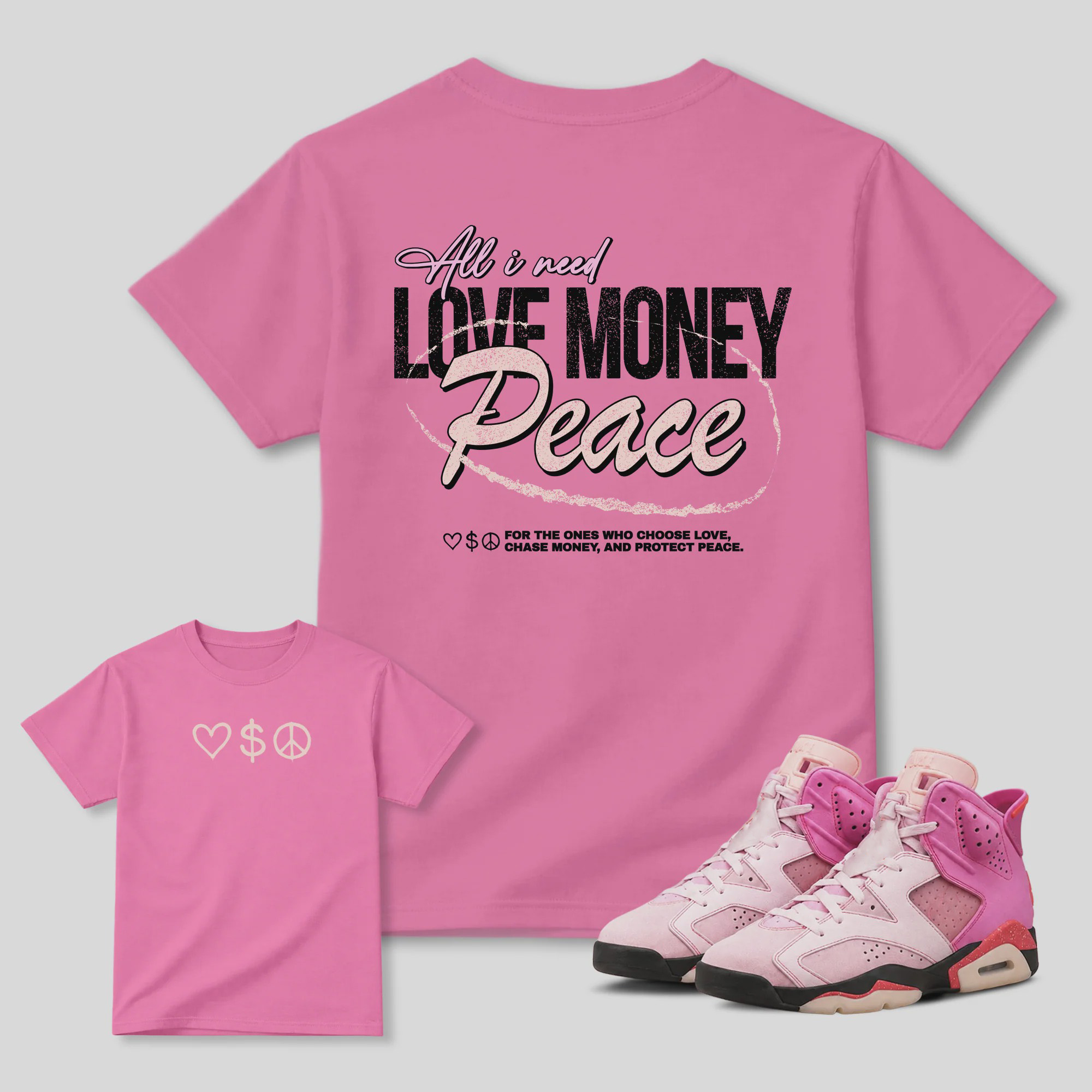 Love Money Peace AJ6 Playful Pink Matching Graphic Tee