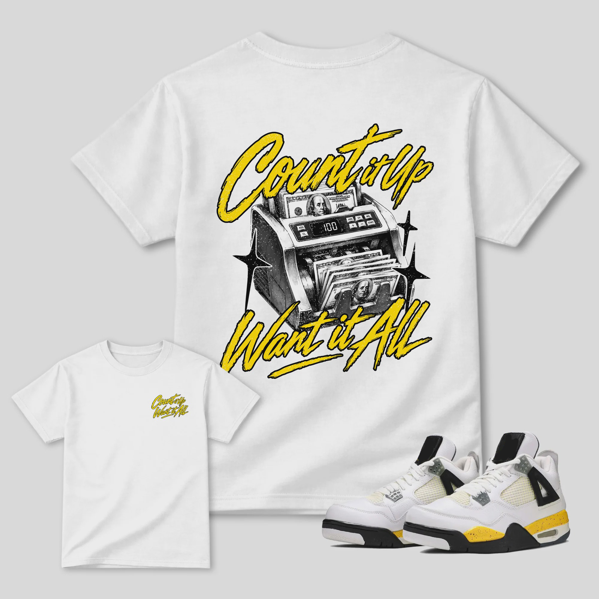 Count It Up AJ4 Tour Yellow Matching Graphic Tee