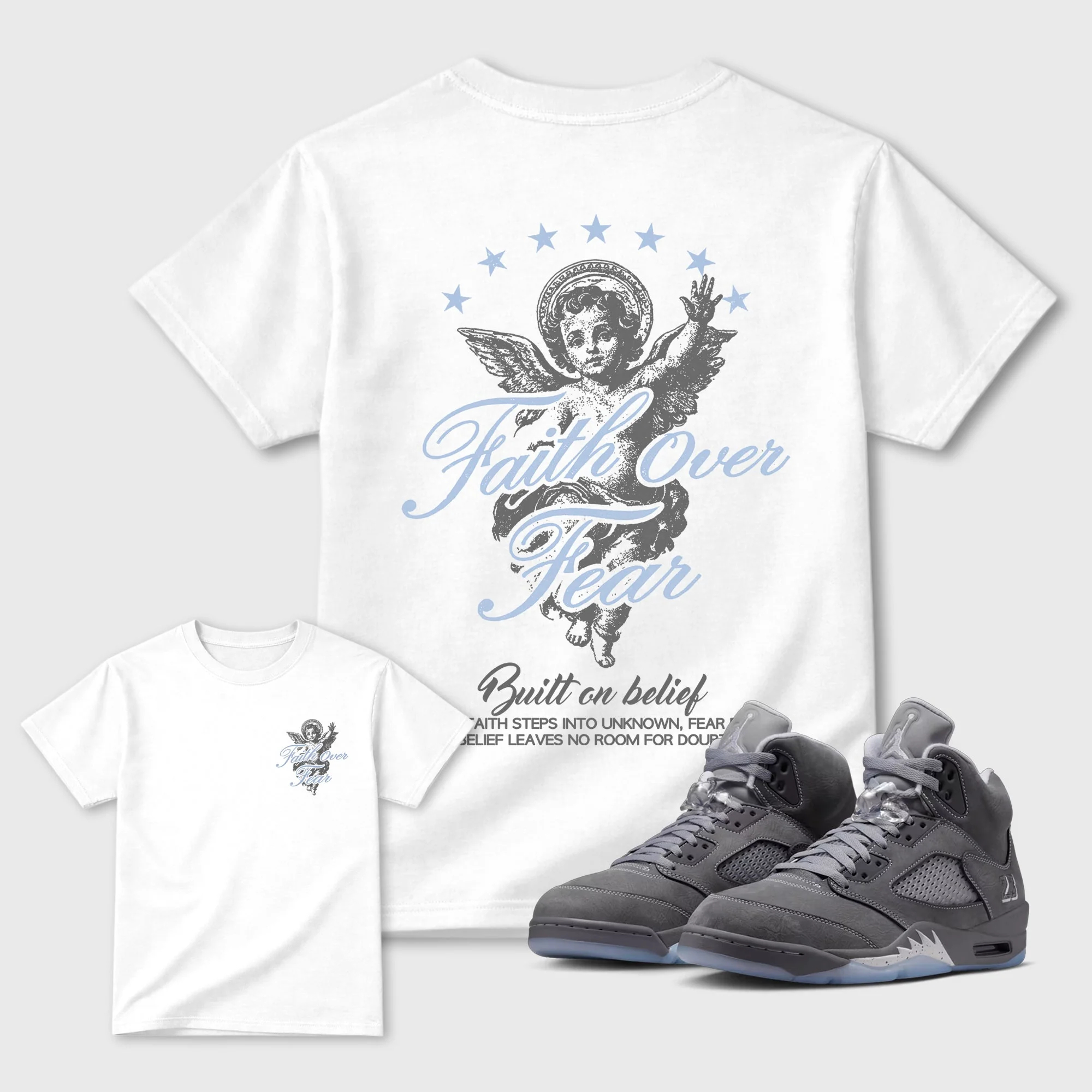 Faith Over Fear TEEWAVO Sneaker Tees - Air Jordan 5 Wolf Grey