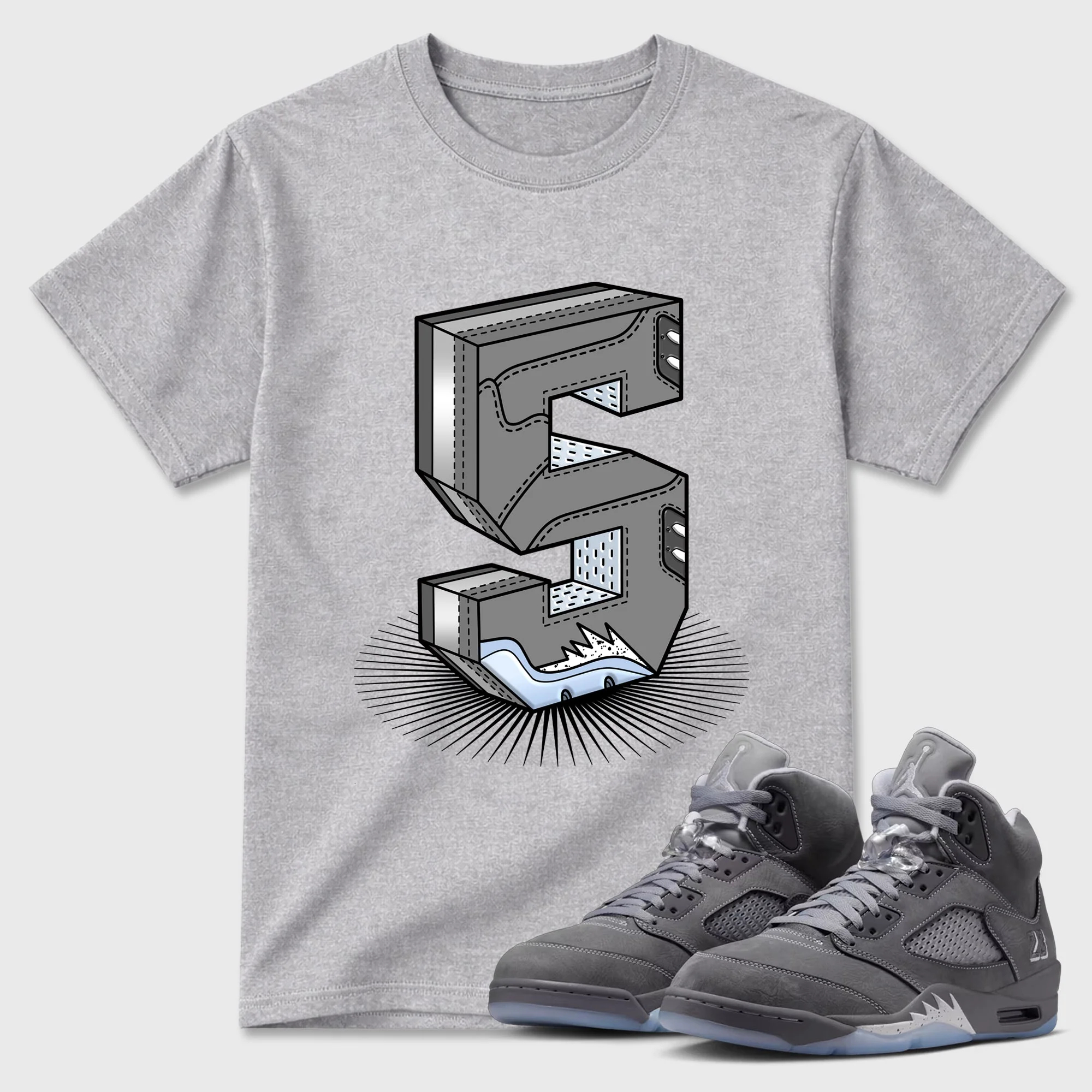 Number Statue TEEWAVO Sneaker Tees - Air Jordan 5 Wolf Grey