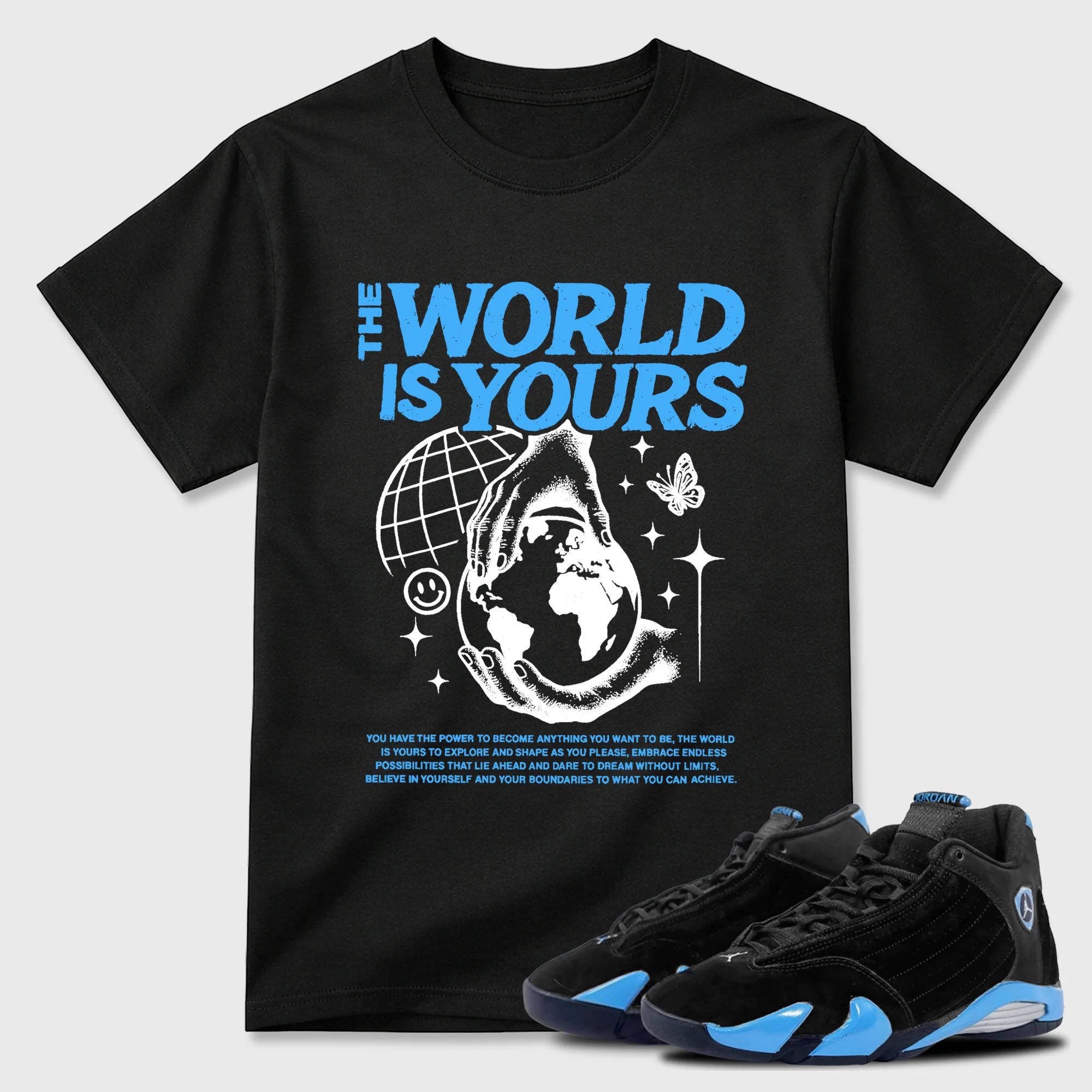 The World Is Yours  Sneaker Tees - Air Jordan 14 University Blue