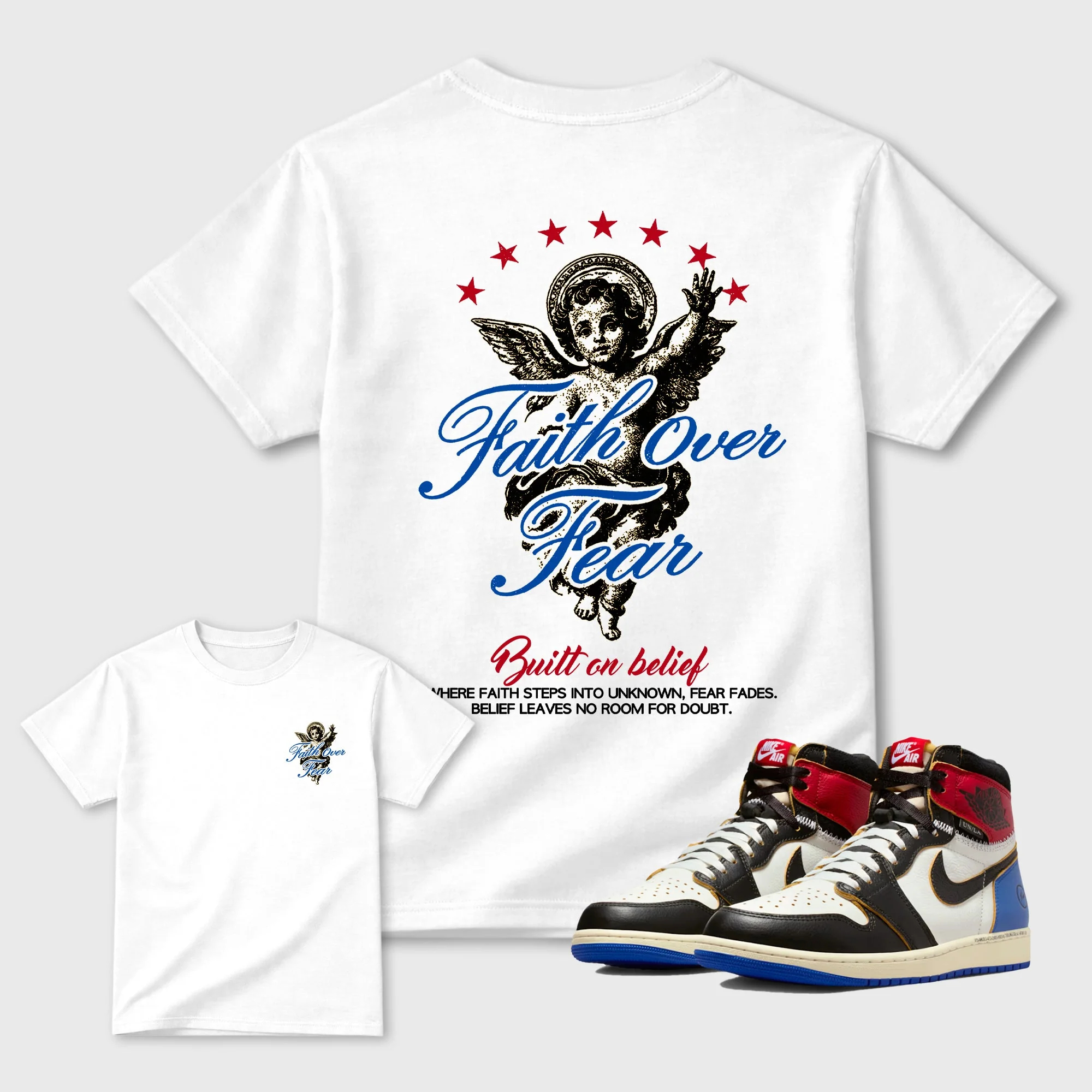 Faith Over Fear SNRT Sneaker Tees - Air Jordan 1 Union x Fragment