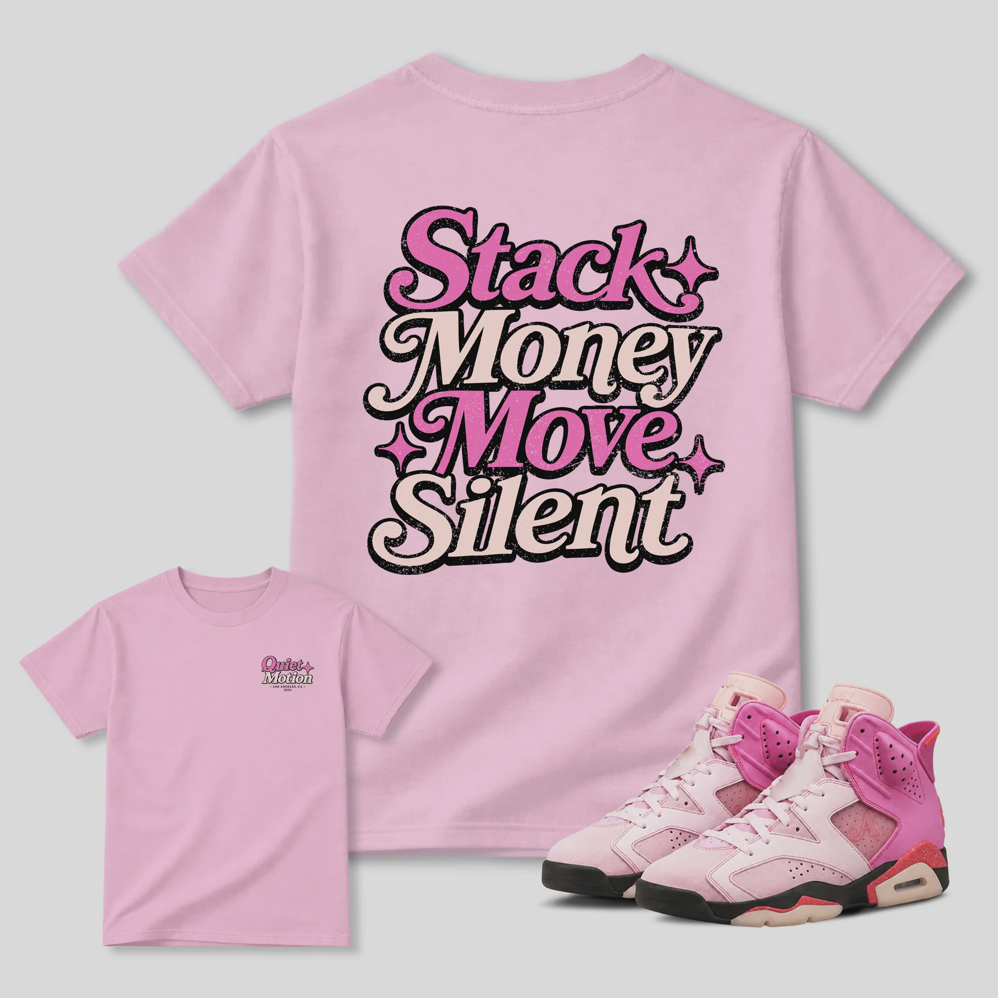 Stack Money Move Silnet AJ6 Playful Pink Matching Graphic Tee