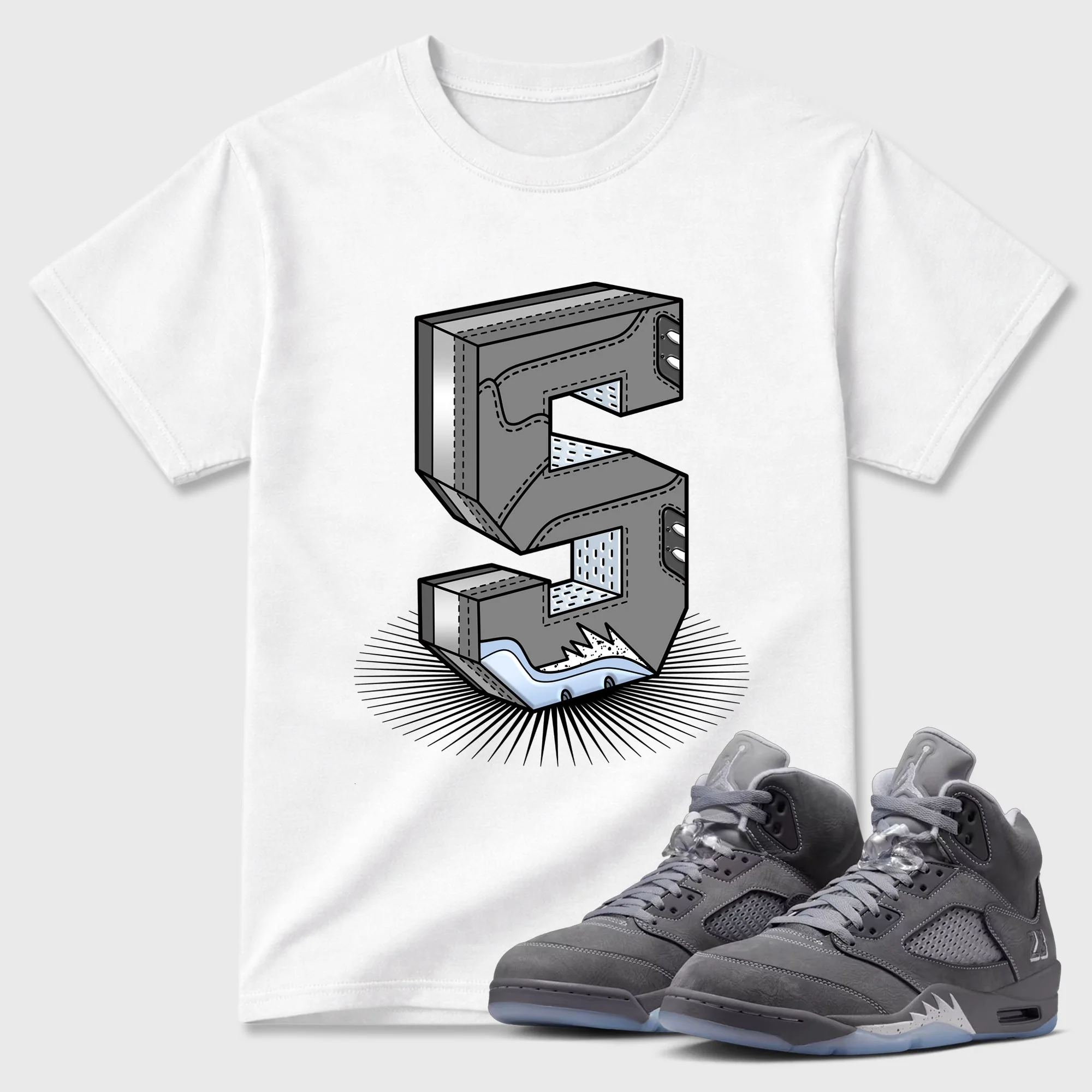 Number Statue TEEWAVO Sneaker Tees - Air Jordan 5 Wolf Grey