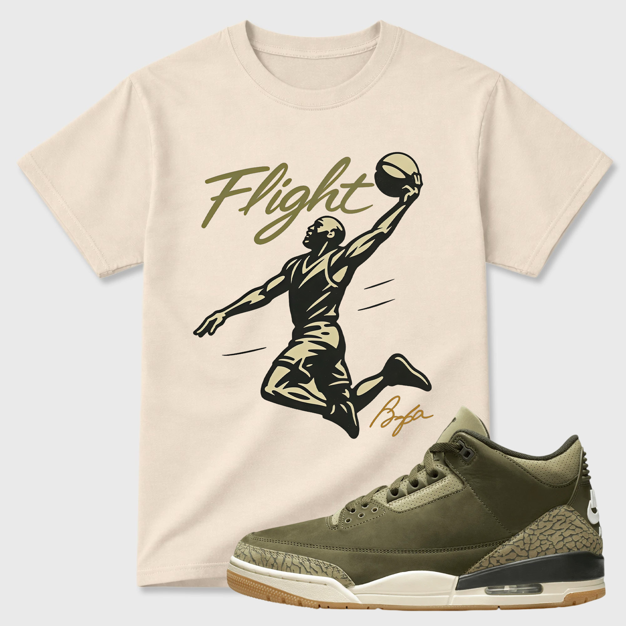 FLIGHT Shirt to Match Jordan 3 Family Affair Medium Olive, Jordan 3 Family Affair Olive Sneaker Mact