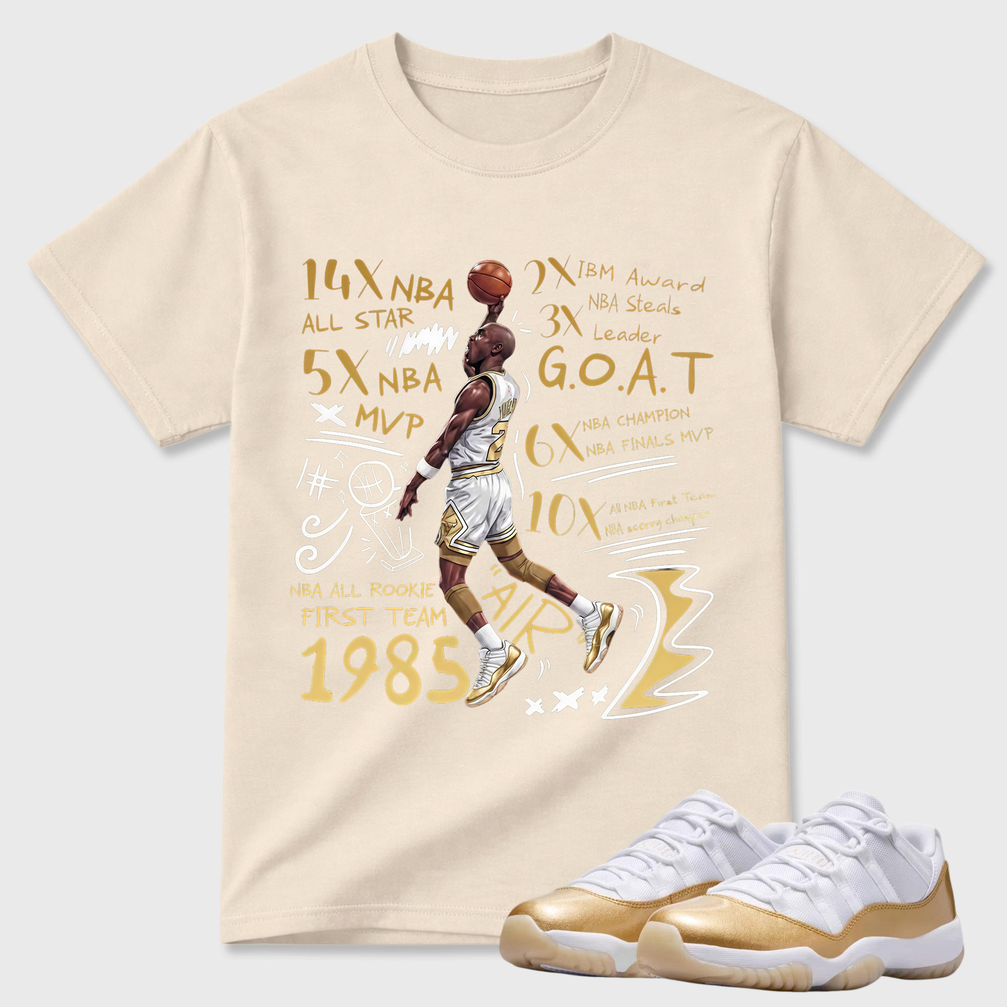 Jordan 11 White and Metallic Gold Matching Shirt, Adults & Kid Unisex Tee