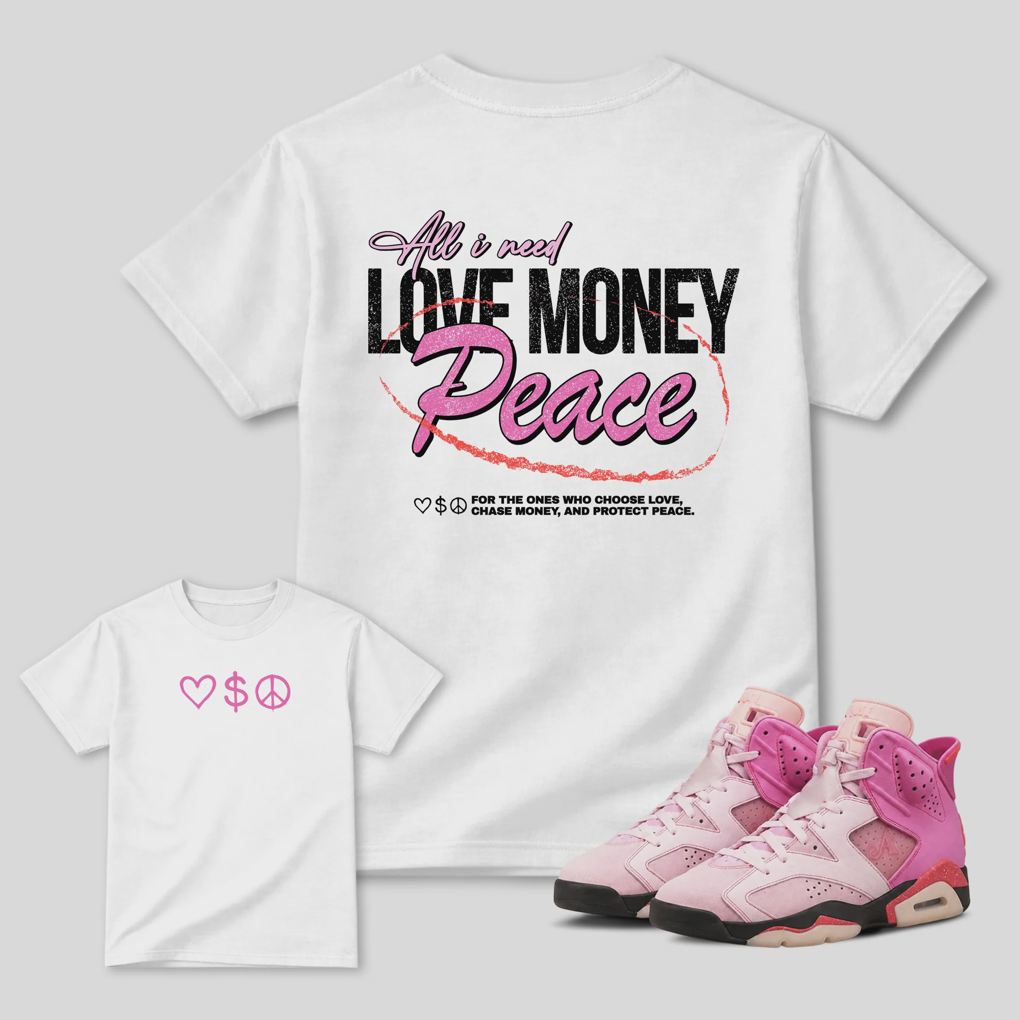 Love Money Peace AJ6 Playful Pink Matching Graphic Tee