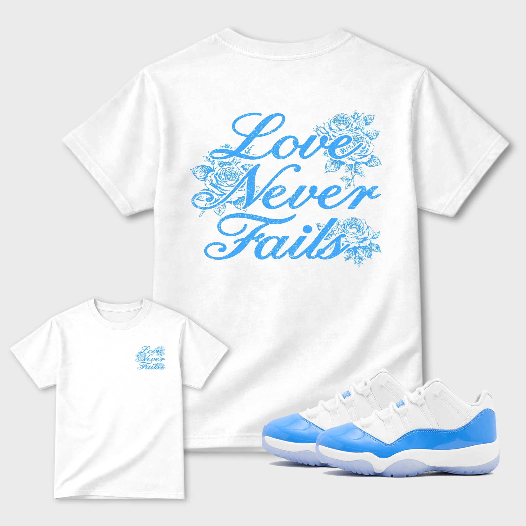 Love Never Fails Sneaker Tees - Air Jordan 11 University Blue