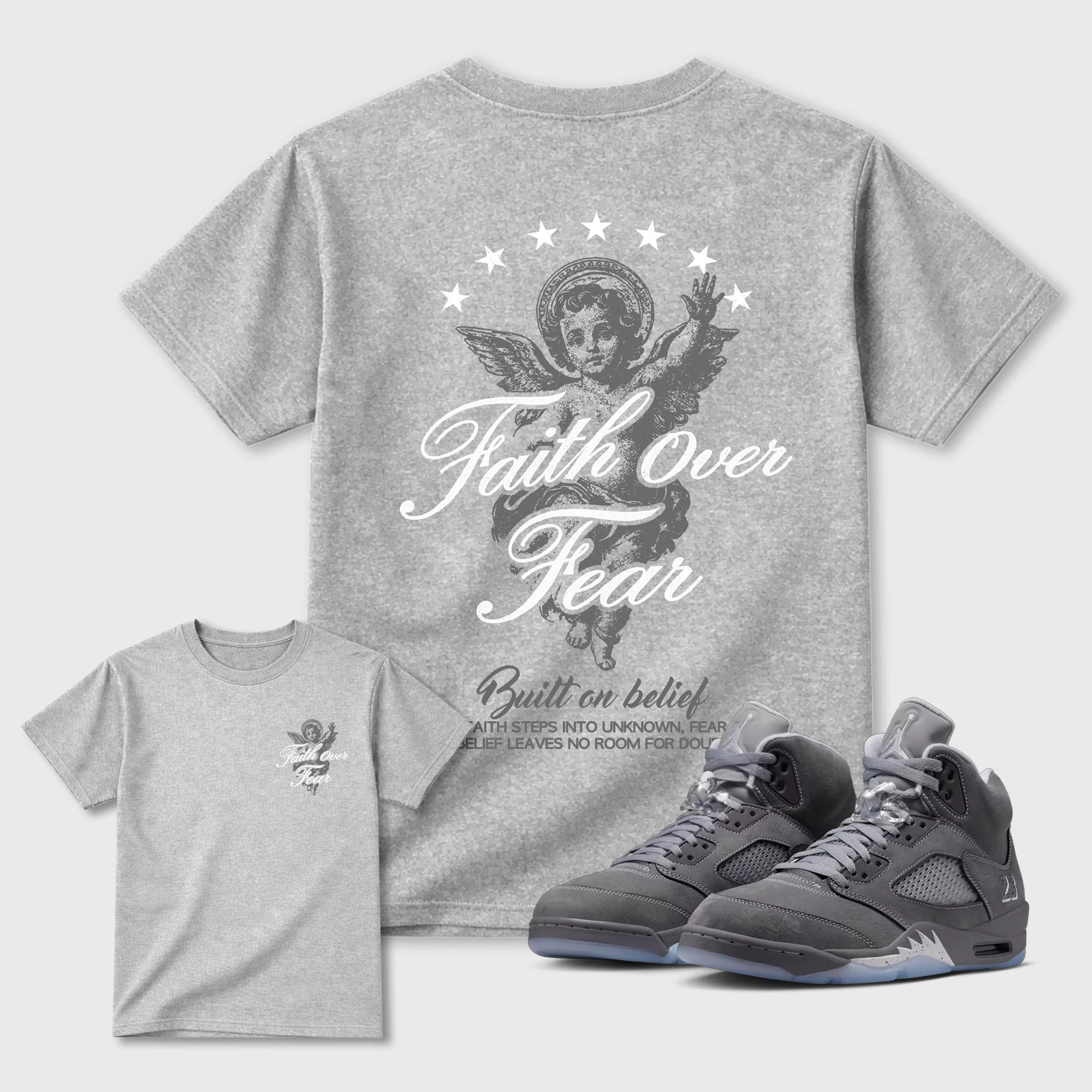 Faith Over Fear TEEWAVO Sneaker Tees - Air Jordan 5 Wolf Grey