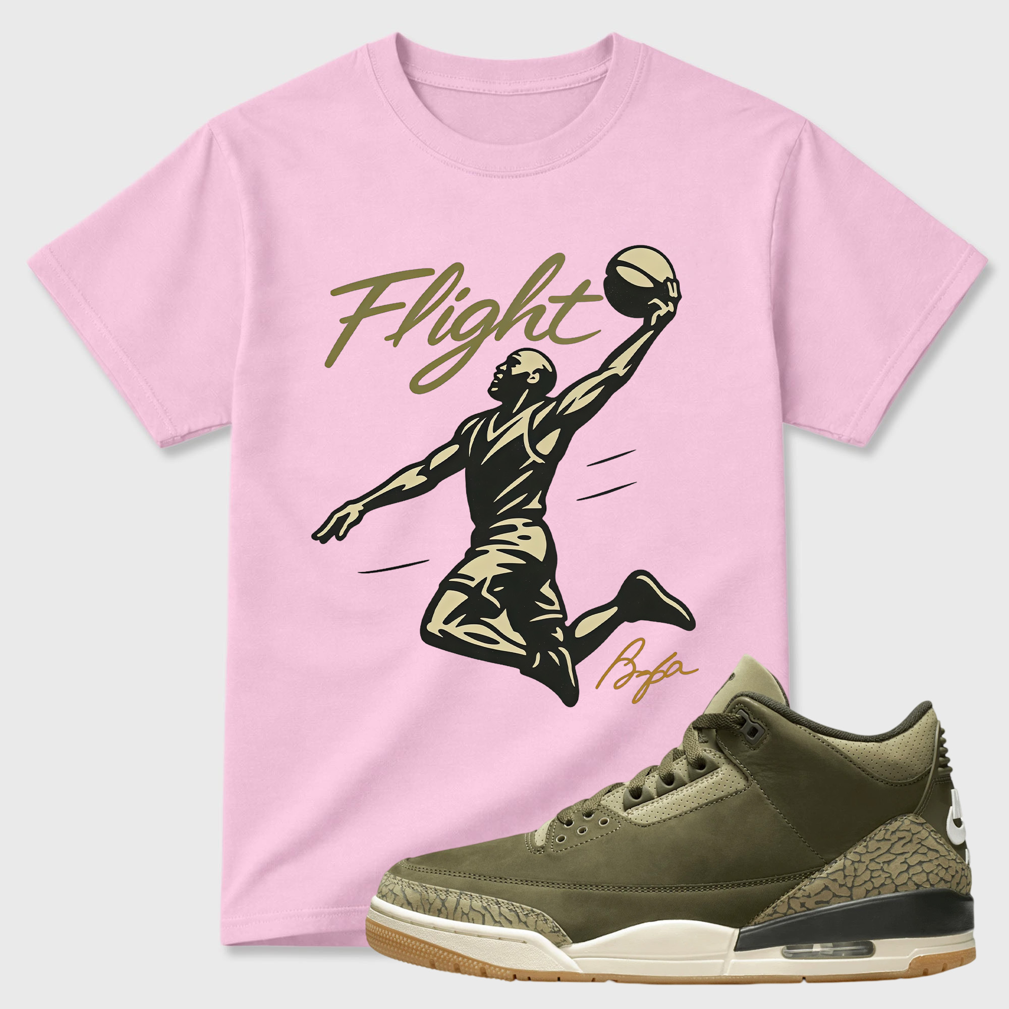 FLIGHT Shirt to Match Jordan 3 Family Affair Medium Olive, Jordan 3 Family Affair Olive Sneaker Mact