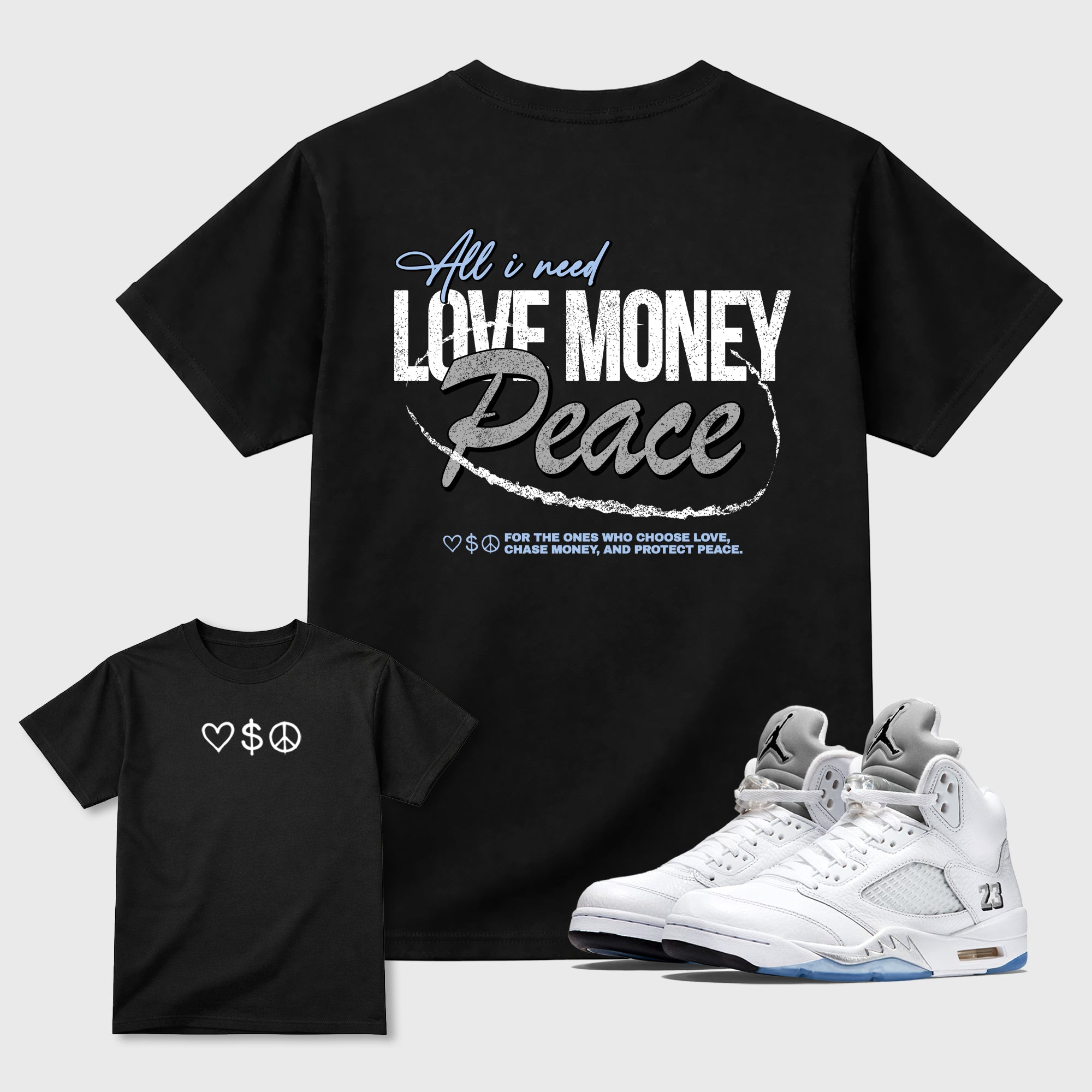 Love Money Peace Sneaker Tees - Air Jordan 5 White Metallic