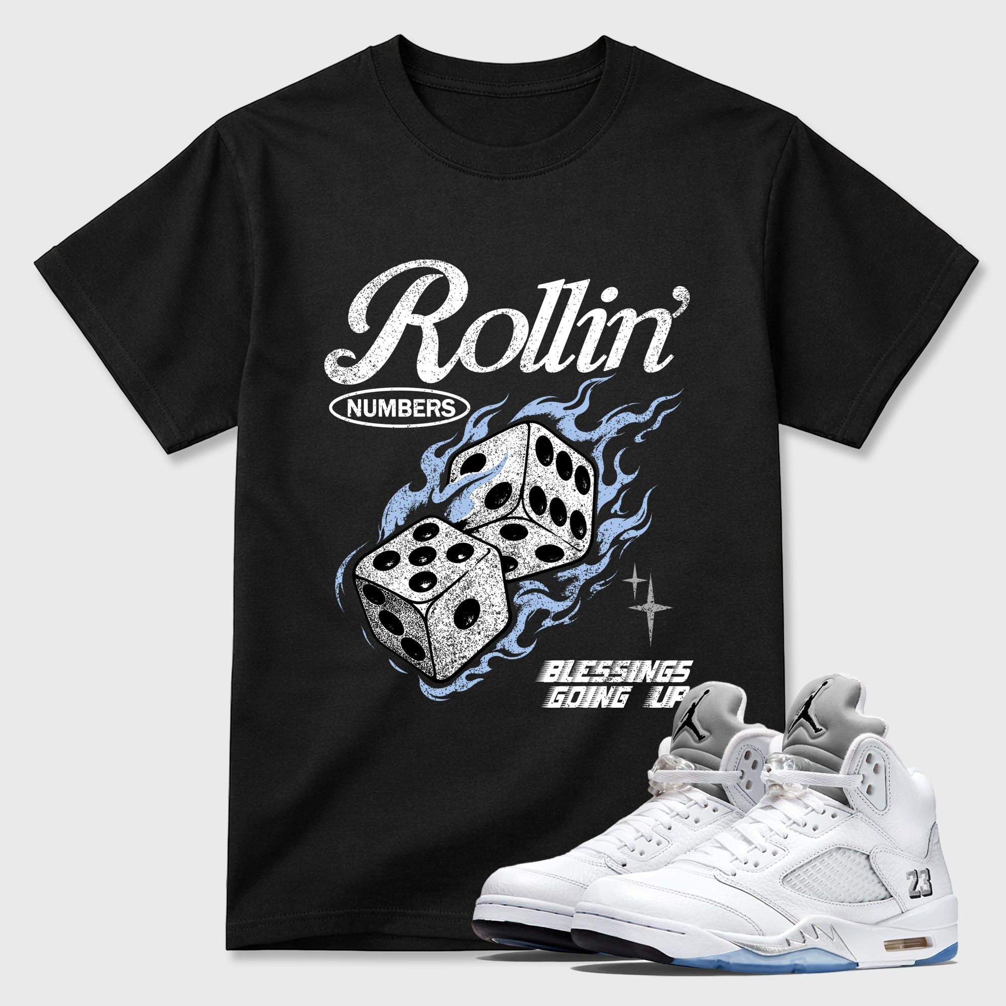 Rollin Numbers  Sneaker Tees - Air Jordan 5 White Metallic