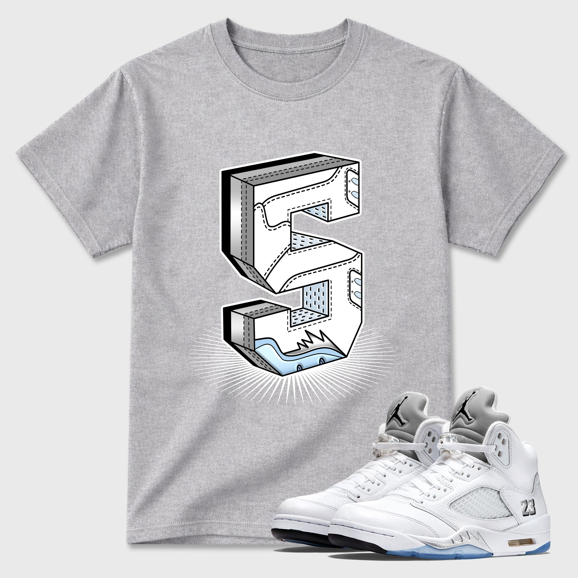 Number Statue Sneaker Tees - Air Jordan 5 White Metallic
