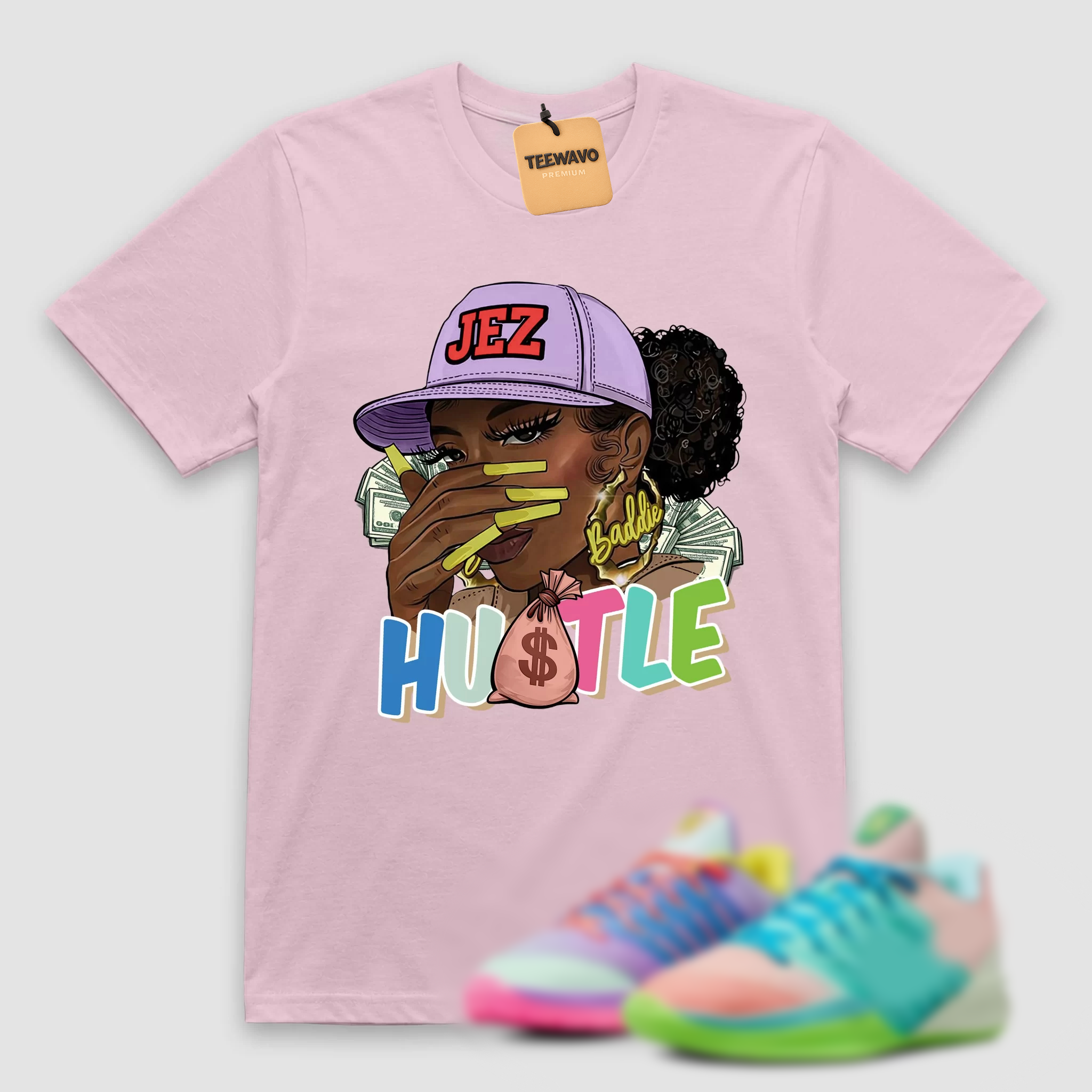 Hustle Baddie Character Graphic Casual Short Sleeve Tee, Street Style Fashion Printed T-Shirt