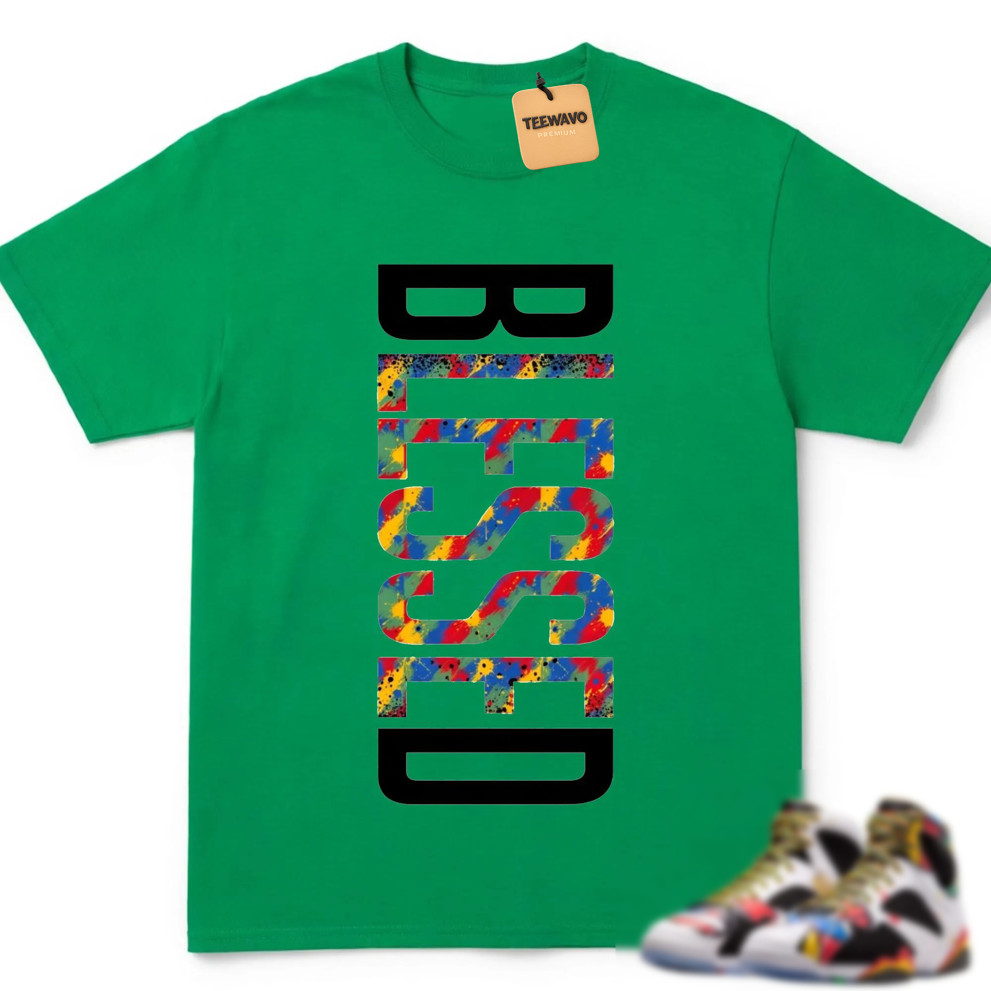 BLESSED Shirt to Match Retro 7 Miro, RETRO 7 Miro White Multi-Color Varsity Royal Sneaker Match Tee