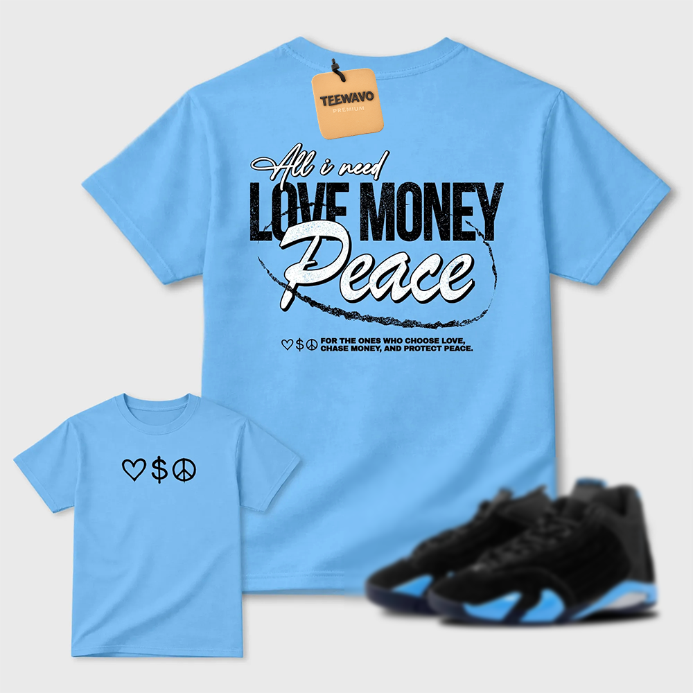 Love Money Peace Sneaker Tees - AJ 14 University Blue