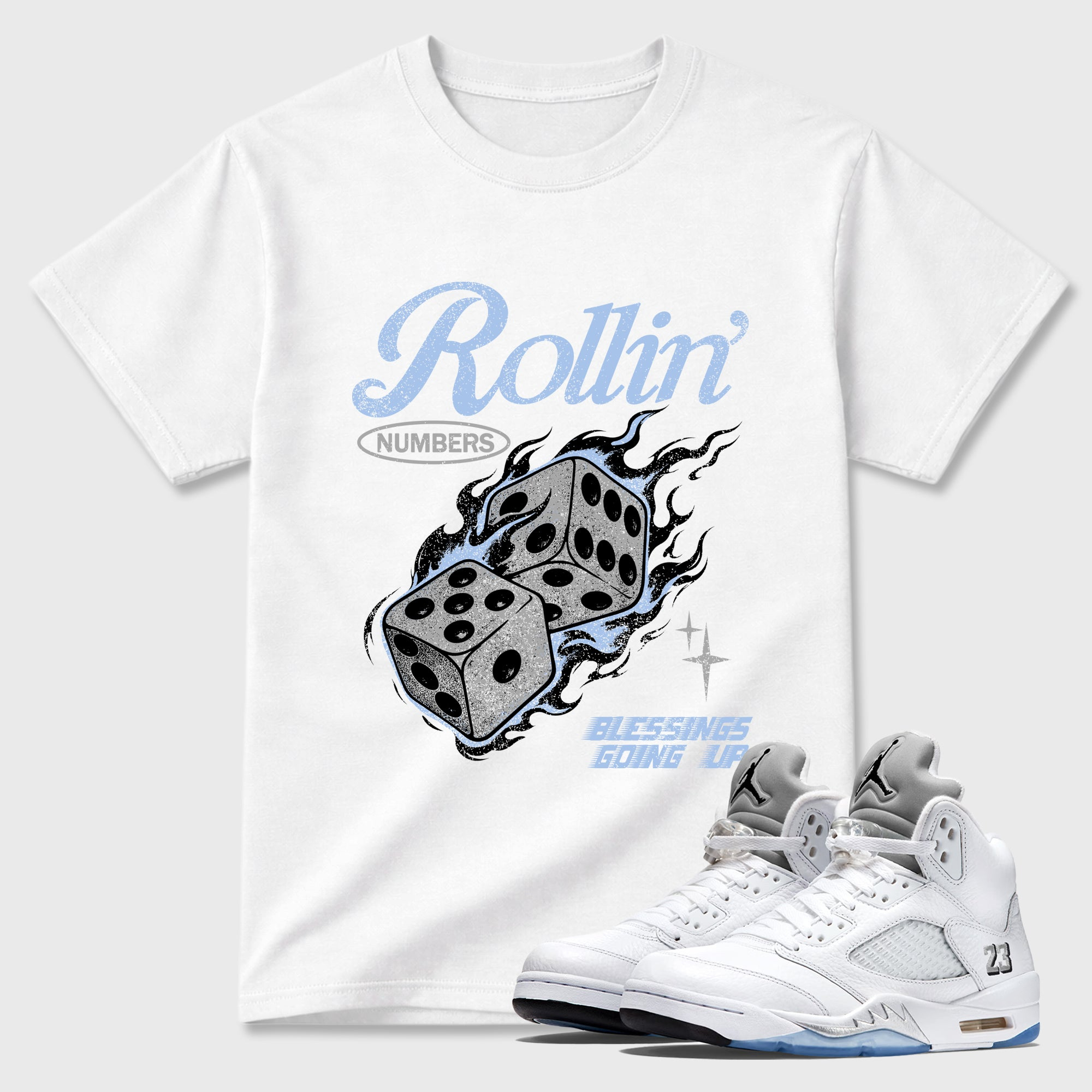 Rollin Numbers  Sneaker Tees - Air Jordan 5 White Metallic