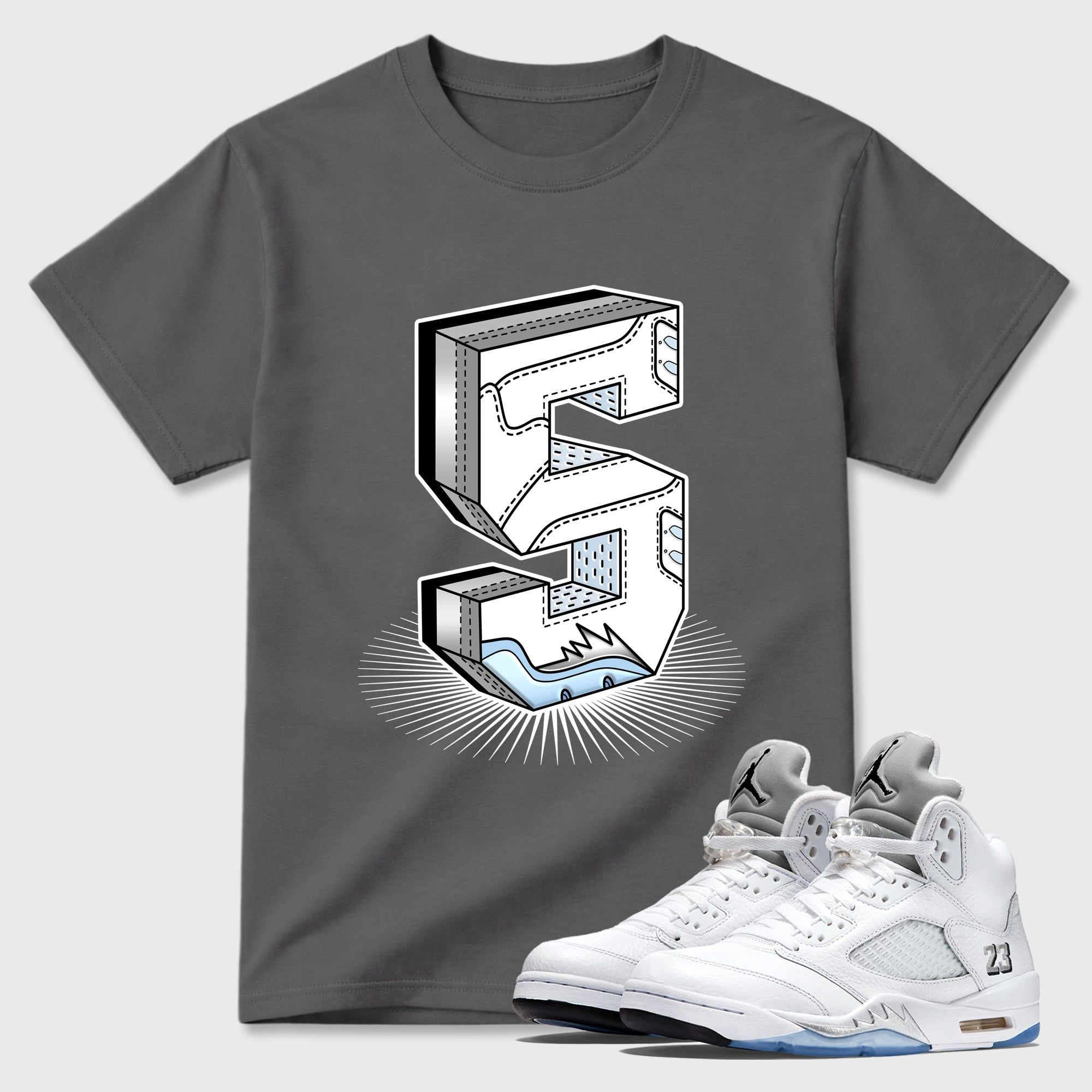 Number Statue Sneaker Tees - Air Jordan 5 White Metallic