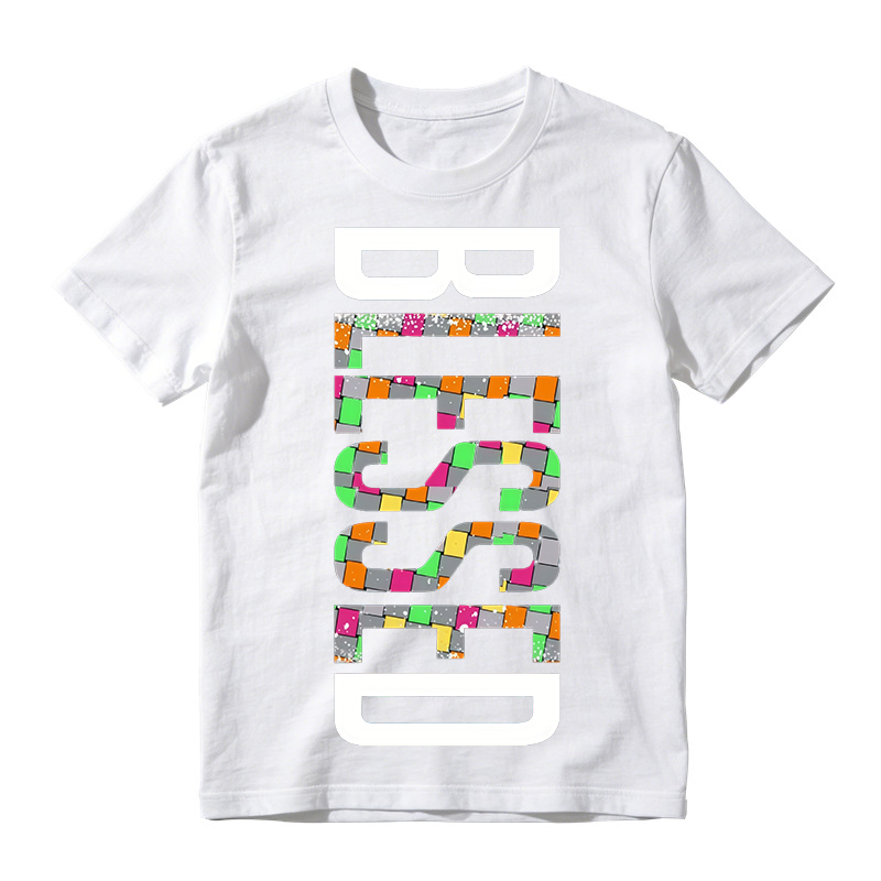 Vertical White Outline Colorful Check Mosaic Letter Print Crew Neck Tee