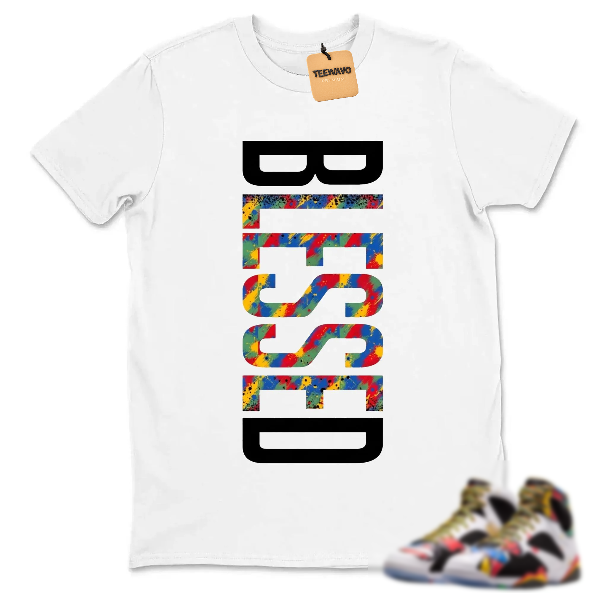 BLESSED Shirt to Match Retro 7 Miro, RETRO 7 Miro White Multi-Color Varsity Royal Sneaker Match Tee