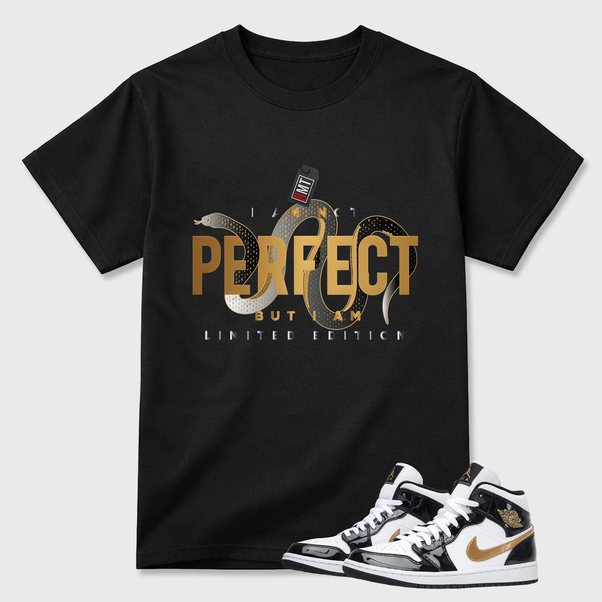 Jordan 1 Metallic gold Patent Black White Match T-shirt