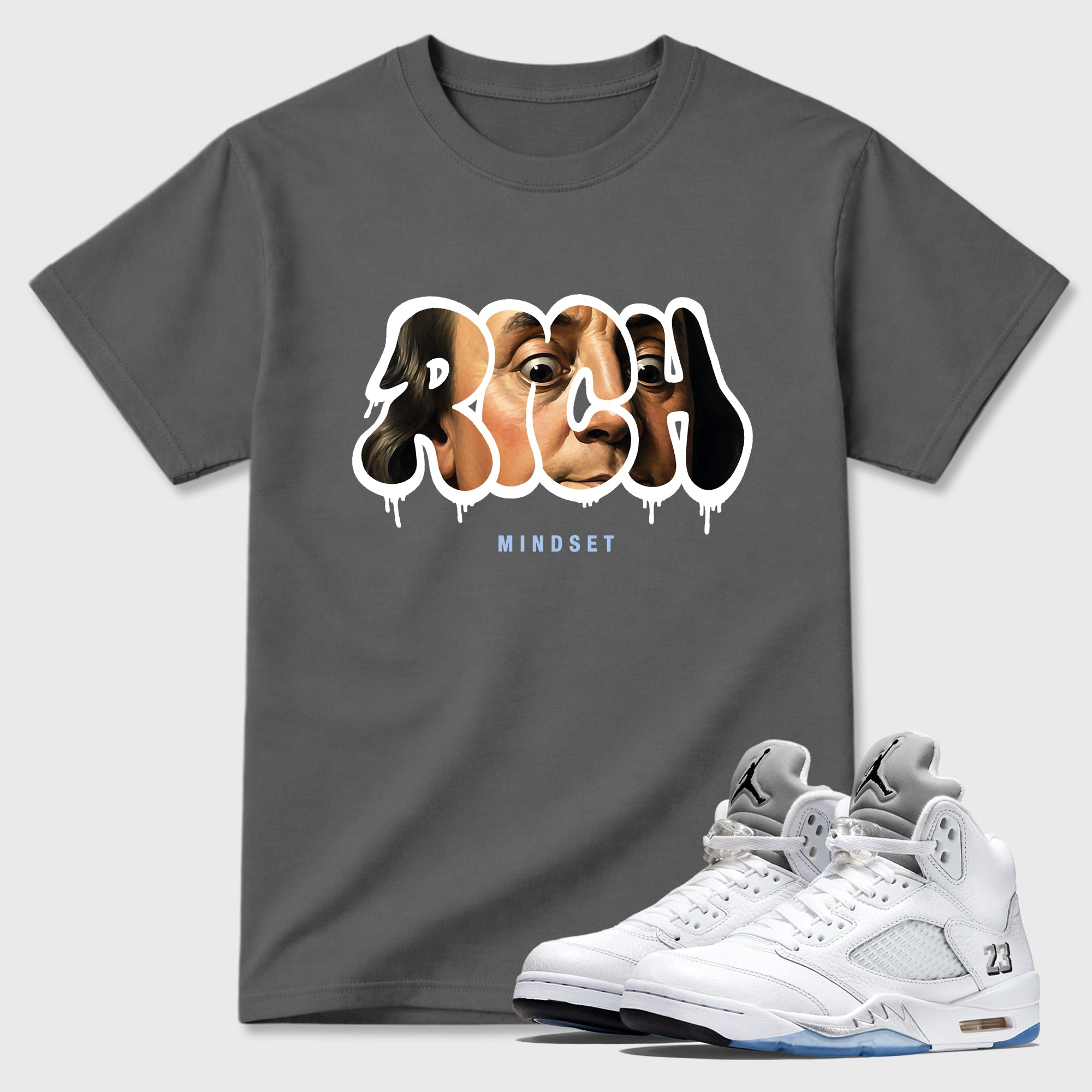 Rich Mindset  Sneaker Tees - Air Jordan 5 White Metallic