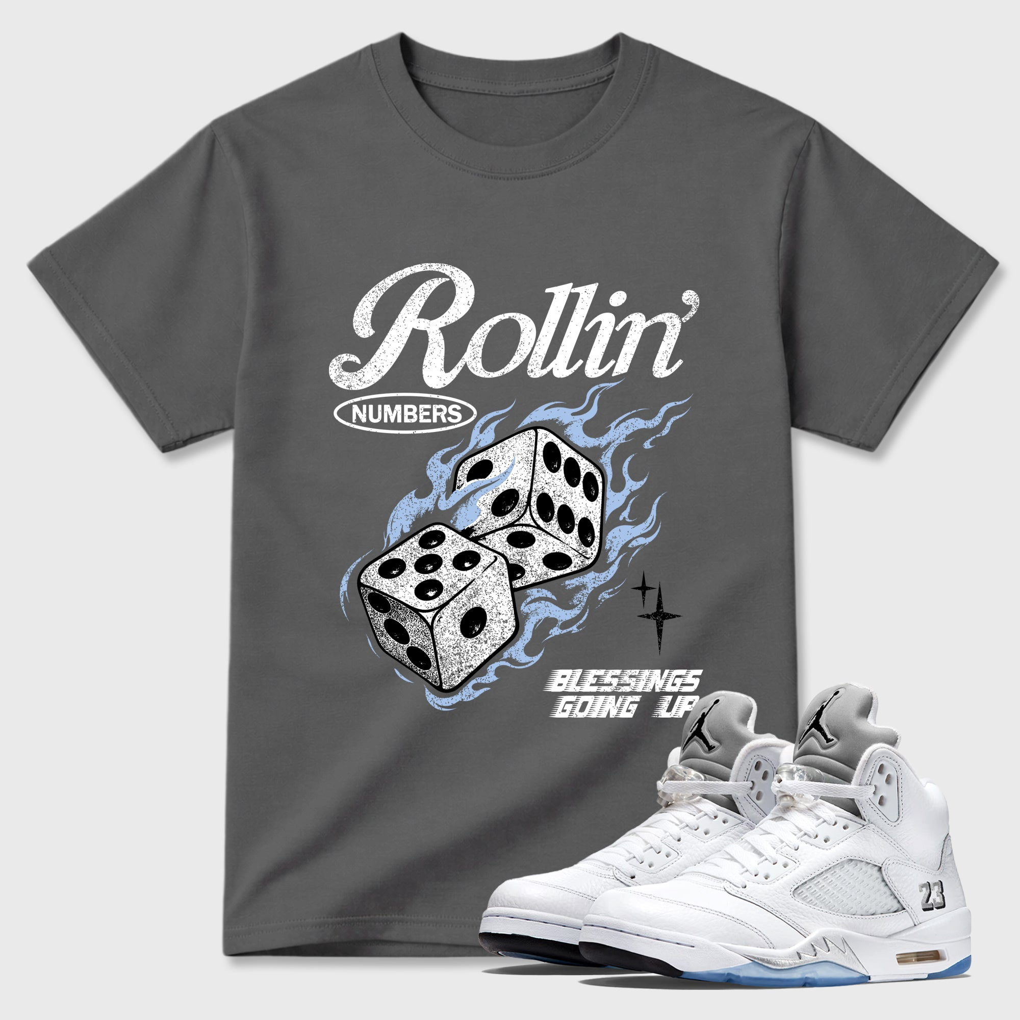 Rollin Numbers  Sneaker Tees - Air Jordan 5 White Metallic