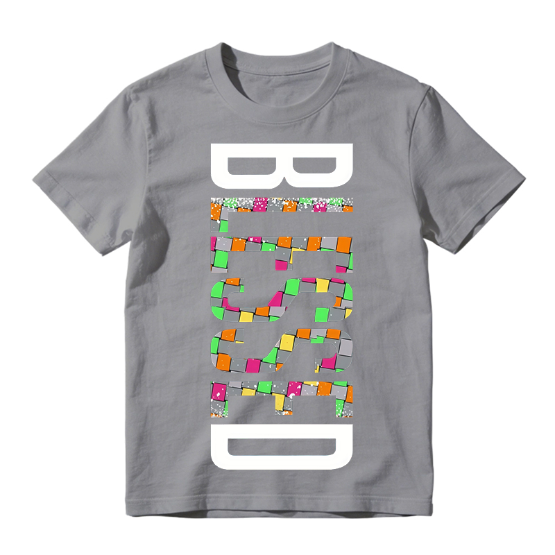 Vertical White Outline Colorful Check Mosaic Letter Print Crew Neck Tee