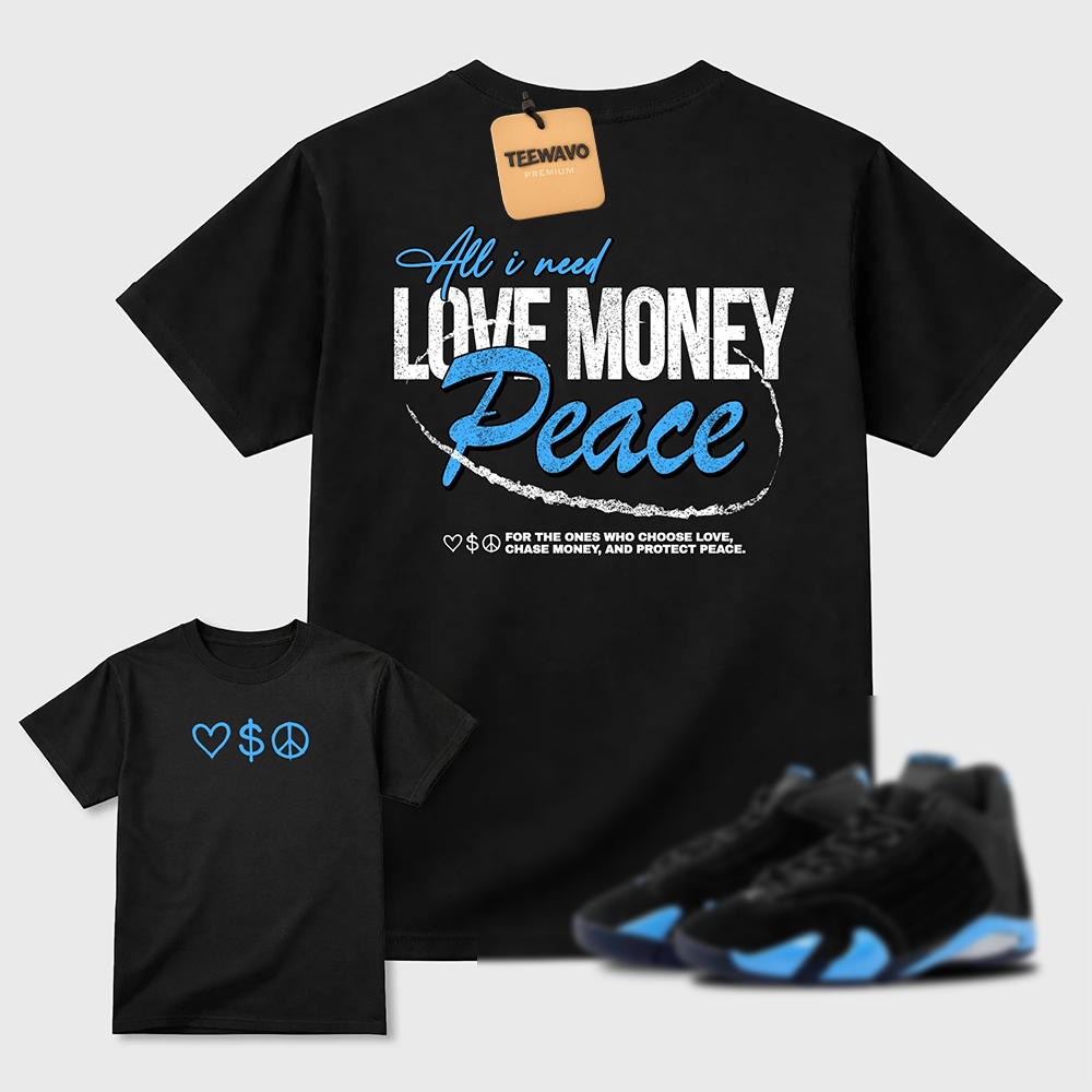 Love Money Peace Sneaker Tees - AJ 14 University Blue