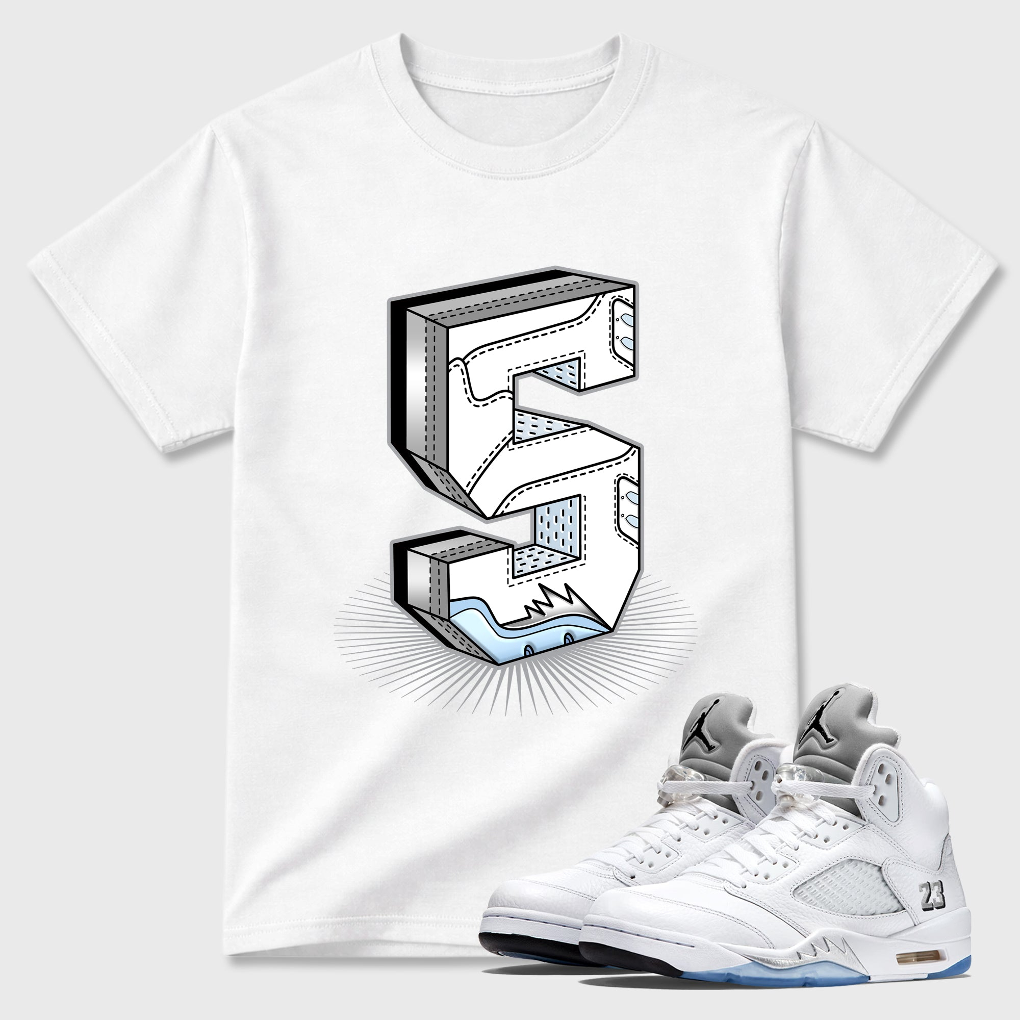 Number Statue Sneaker Tees - Air Jordan 5 White Metallic