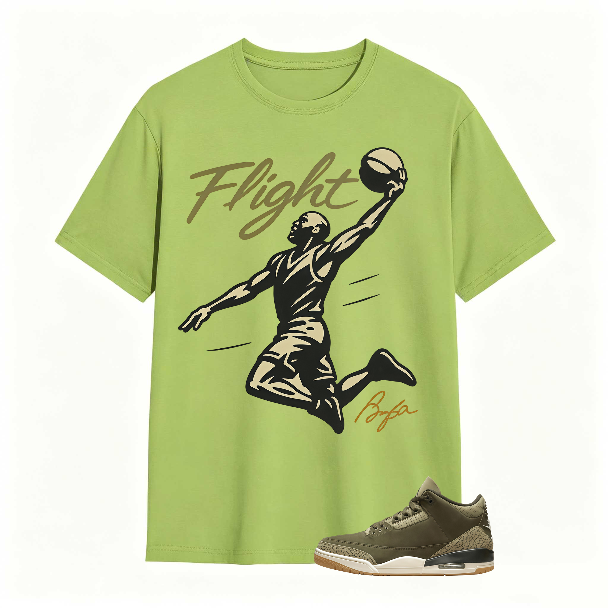 FLIGHT Shirt to Match Jordan 3 Family Affair Medium Olive, Jordan 3 Family Affair Olive Sneaker Mact