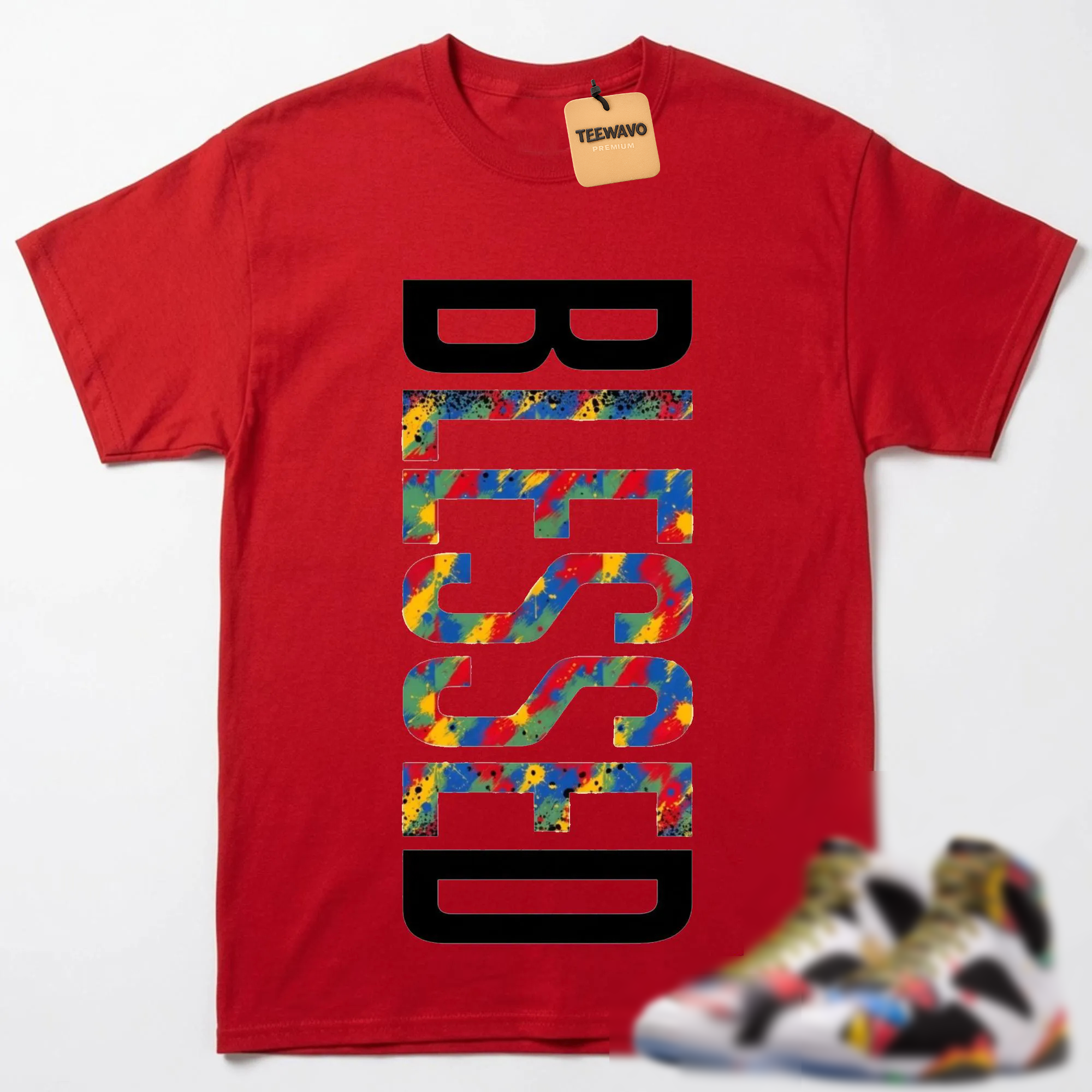 BLESSED Shirt to Match Retro 7 Miro, RETRO 7 Miro White Multi-Color Varsity Royal Sneaker Match Tee