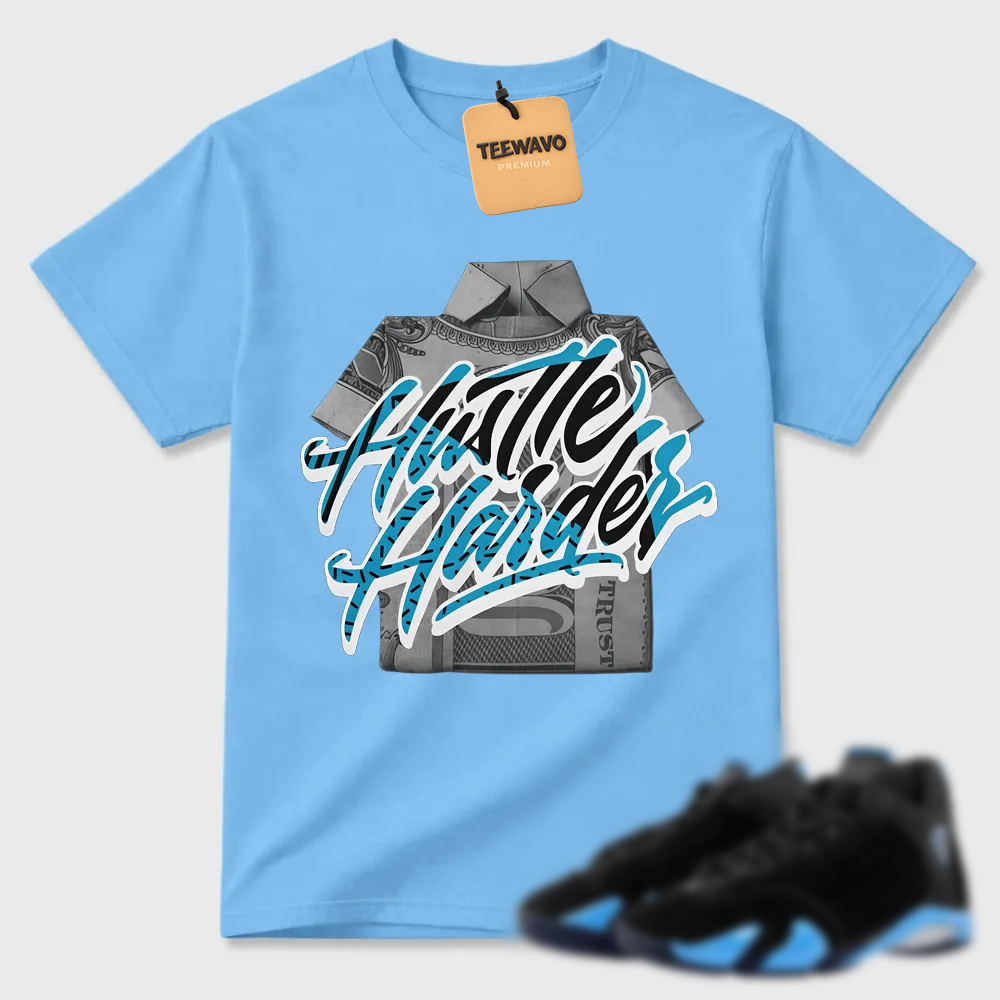 Hustle Sneaker Shirt Black to Match Jordan 14 University Blue