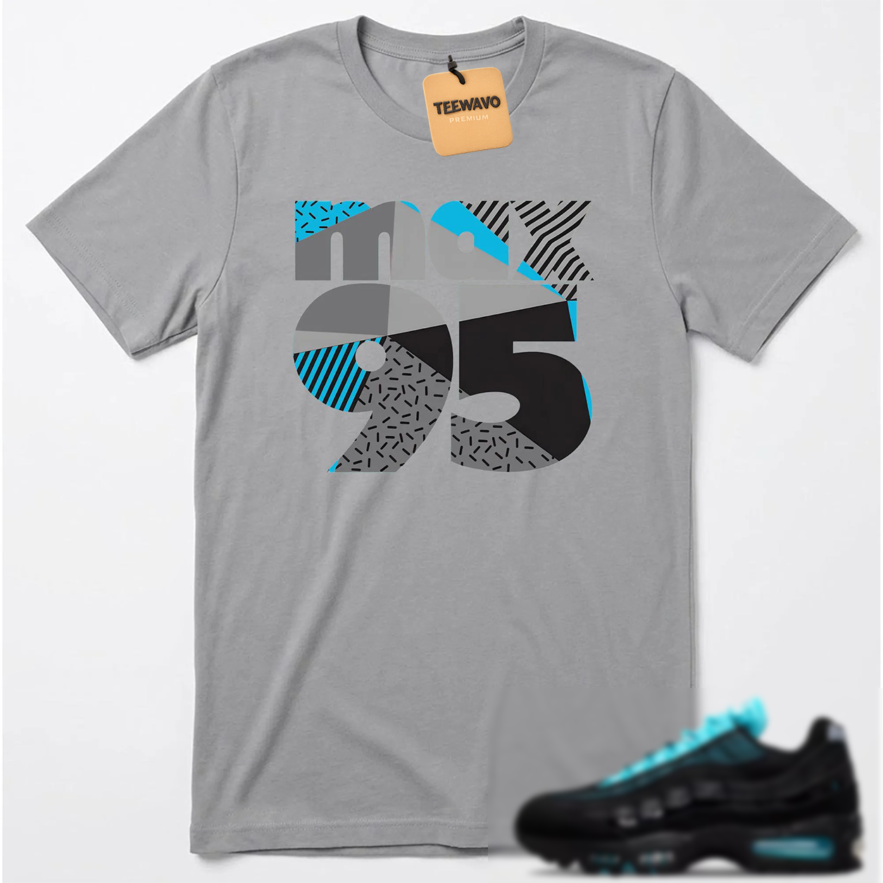 Teal Grey Geometric Number Graphic Black Casual Tee