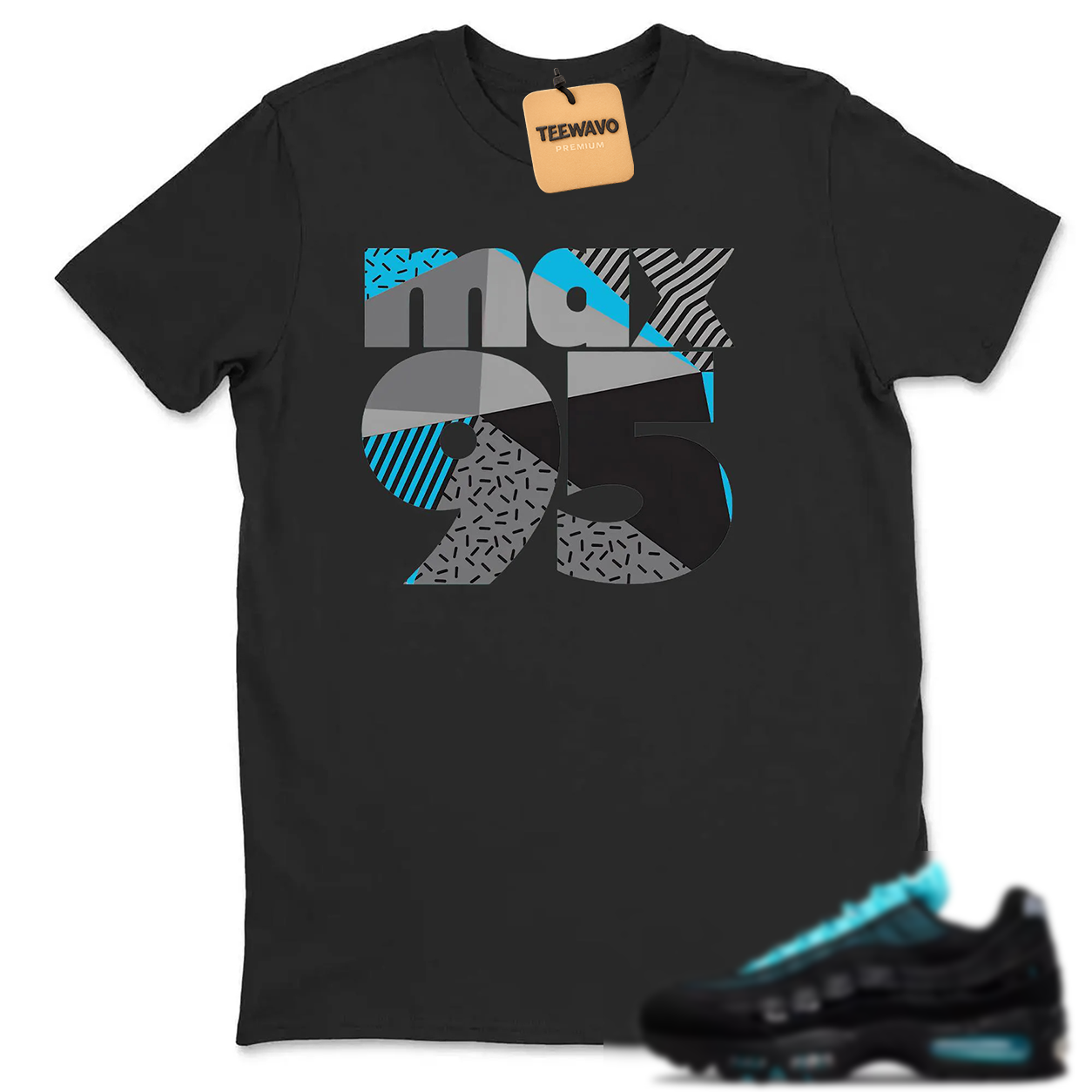 Teal Grey Geometric Number Graphic Black Casual Tee
