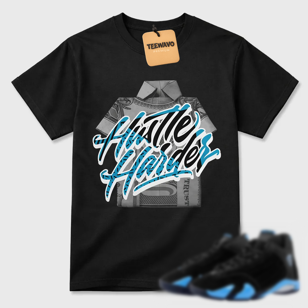 Hustle Sneaker Shirt Black to Match Jordan 14 University Blue