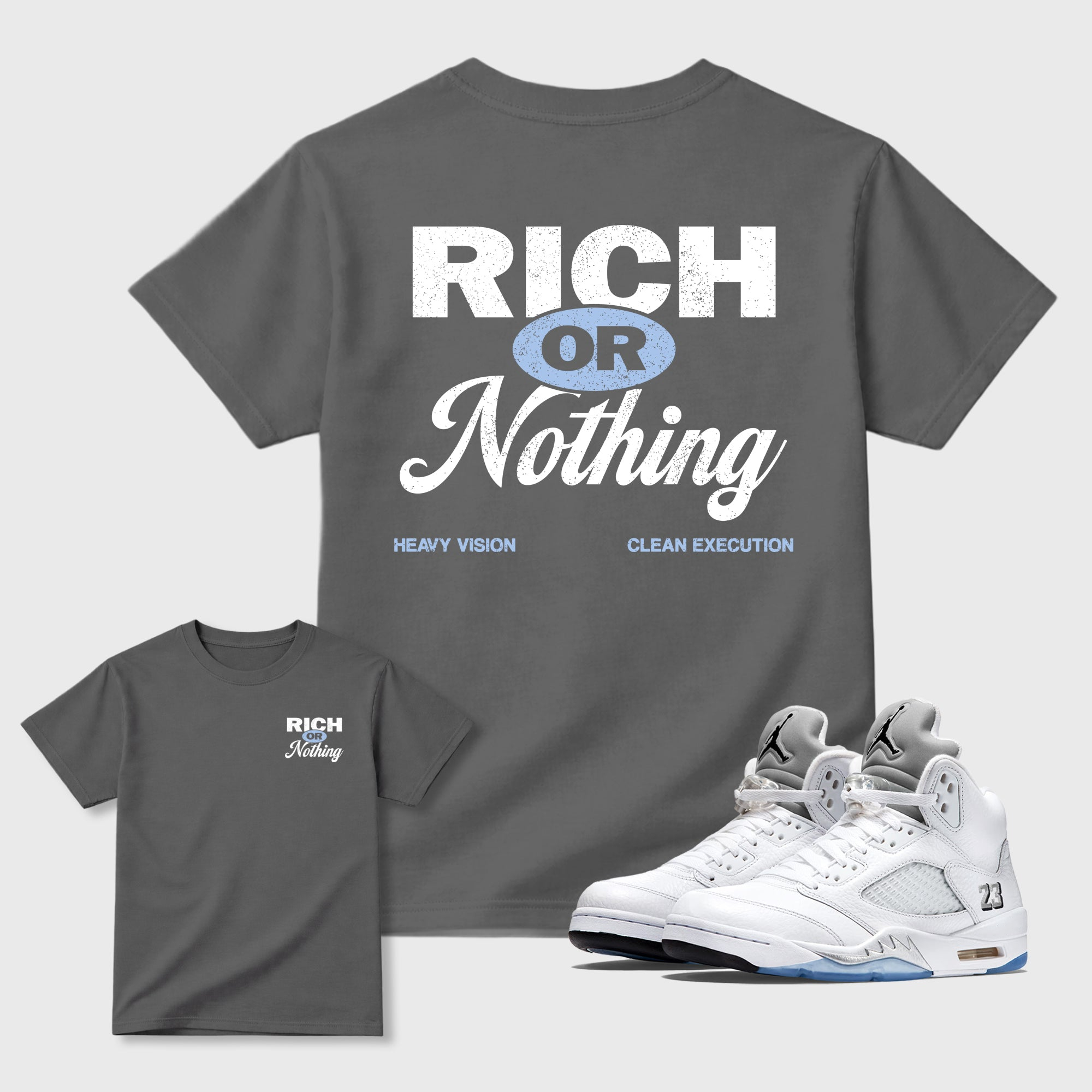 Rich Or Nothing  Sneaker Tees - Air Jordan 5 White Metallic